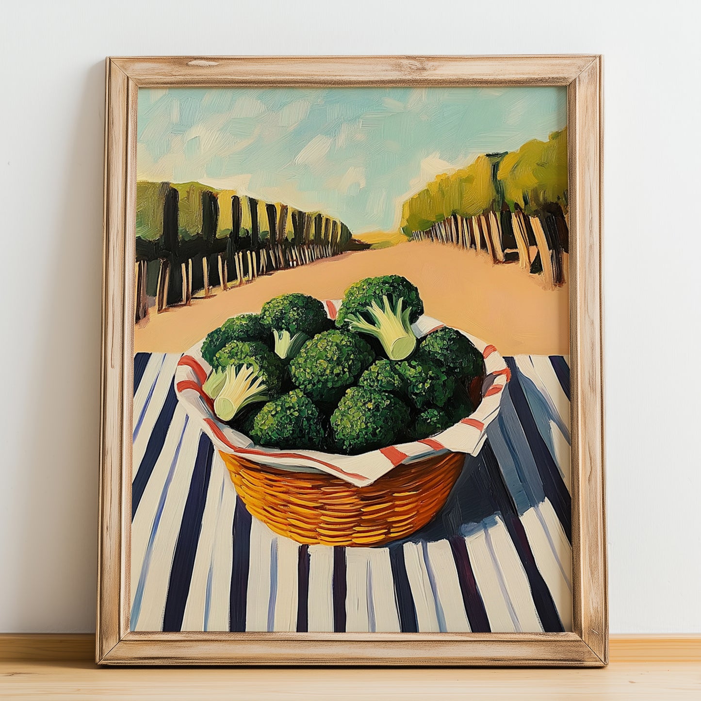 Broccoli – Valley Café Scene, Vegetable Wall Decor, no-text version framed in wood