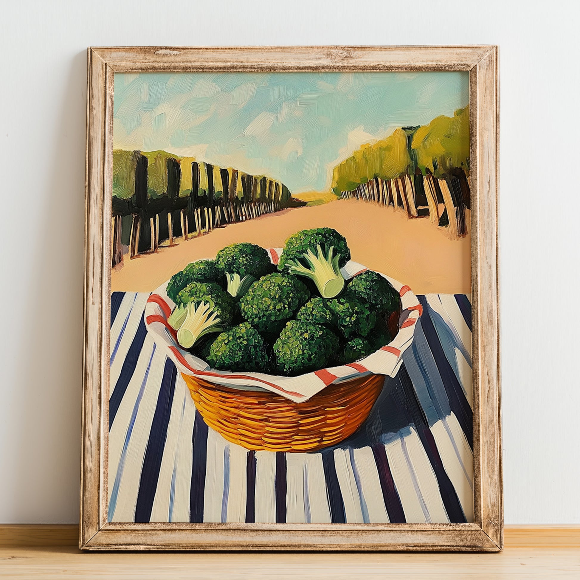 Broccoli – Valley Café Scene, Vegetable Wall Decor, no-text version framed in wood