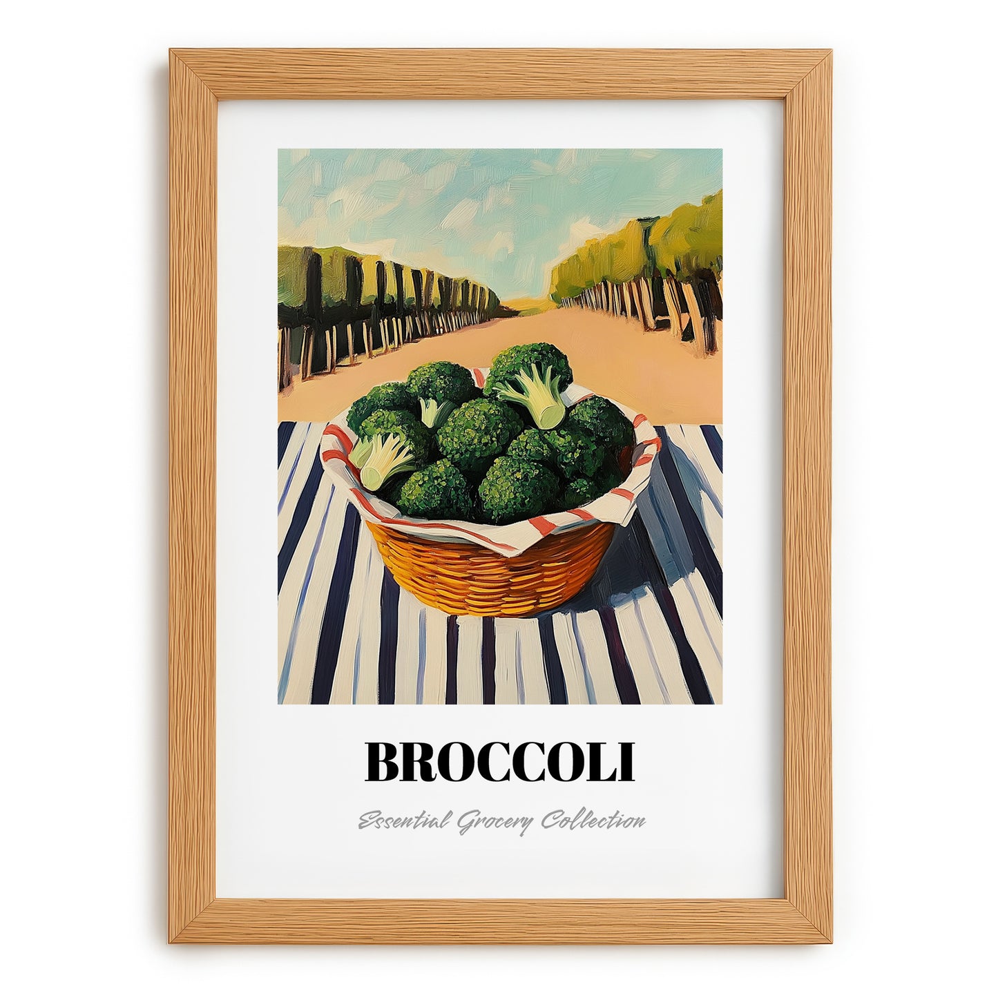Broccoli – Valley Café Scene, Vegetable Wall Decor, set in oak frame