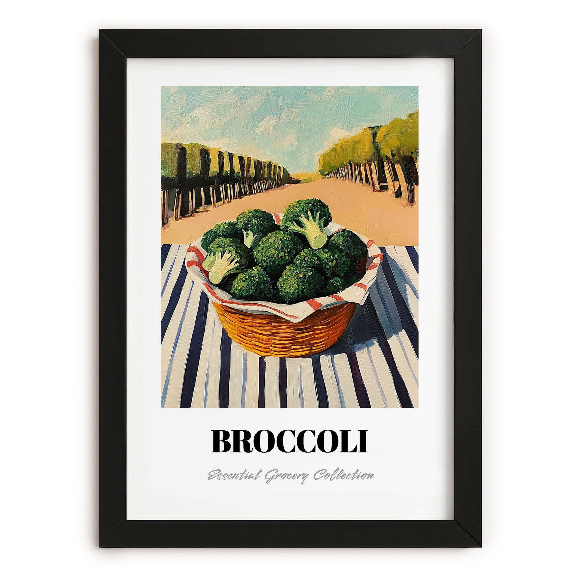 Broccoli – Valley Café Scene, Vegetable Wall Decor, in sleek black frame