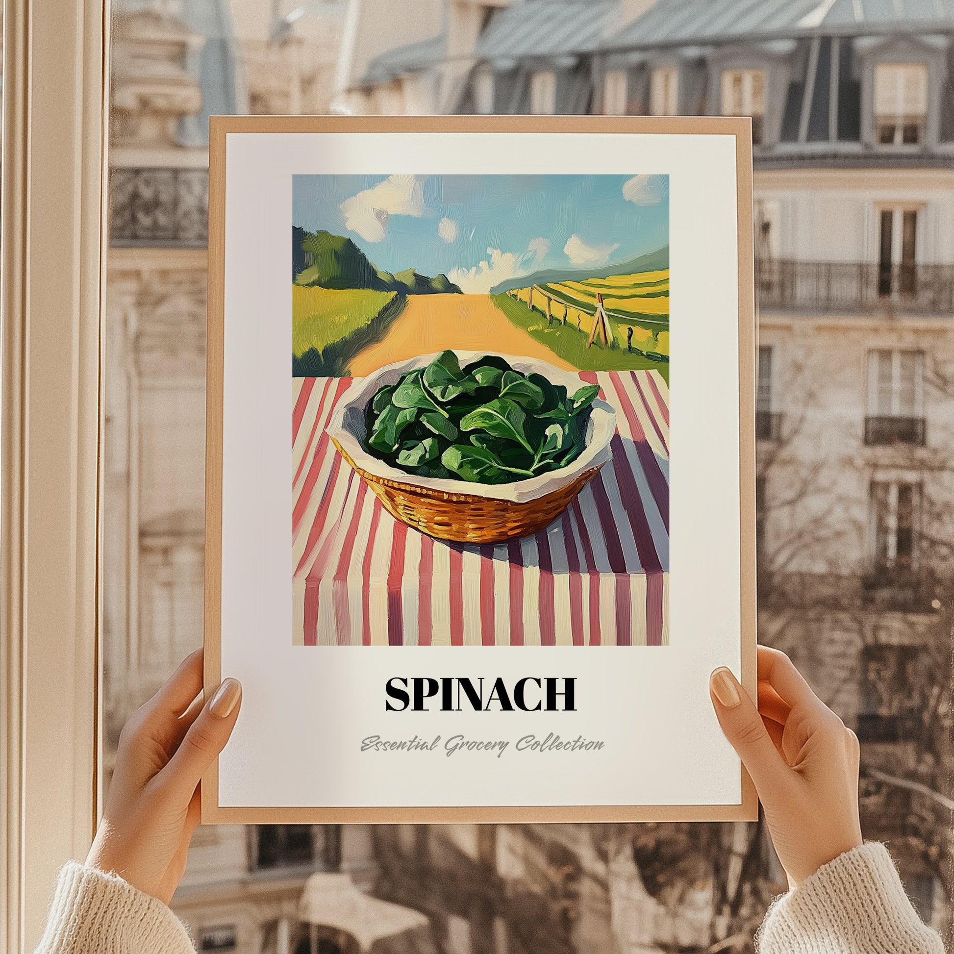 Spinach – Green Valley Landscape, Vegetable Print, styled in a charming Paris street view