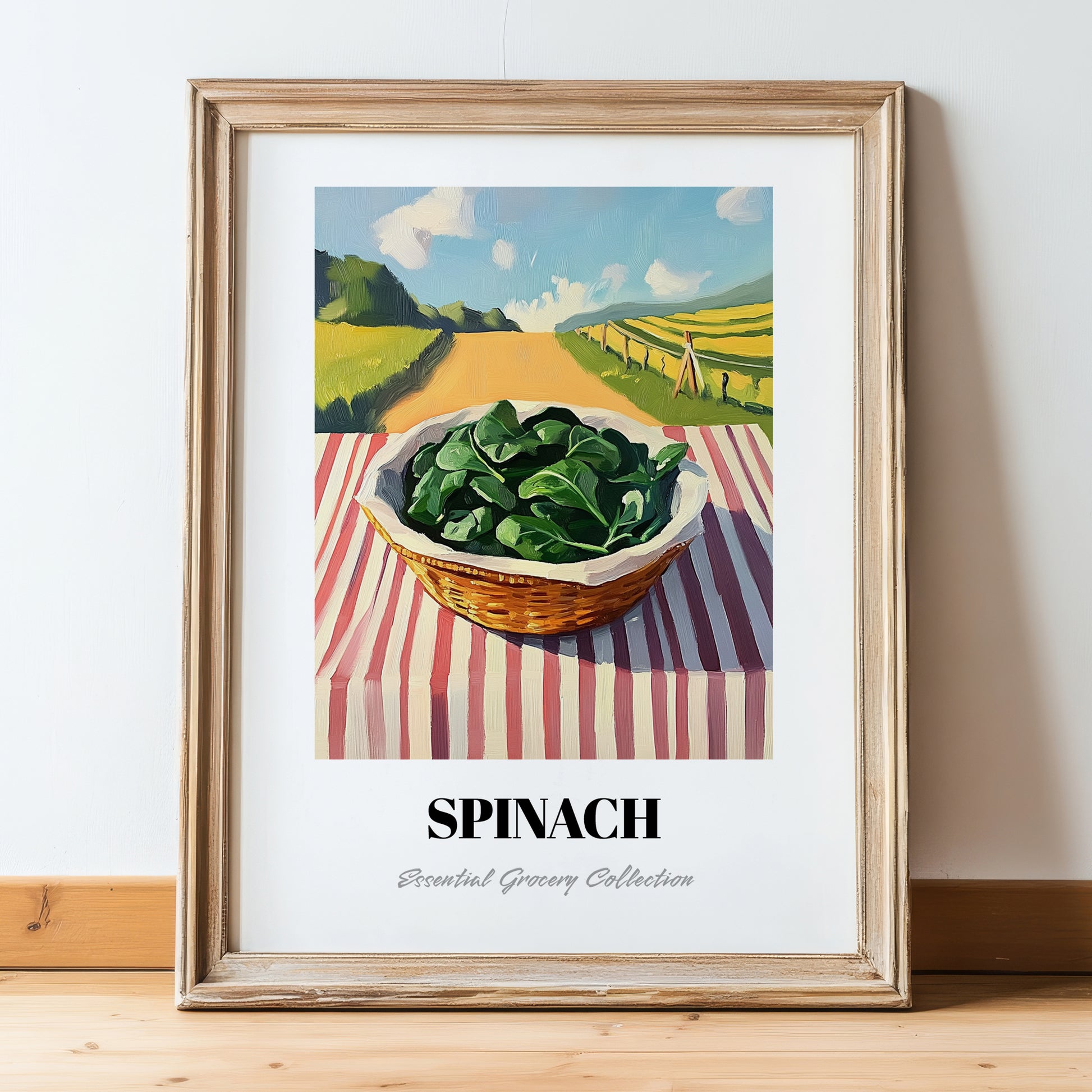 Spinach – Green Valley Landscape, Vegetable Print, in wooden frame leaning on the floor