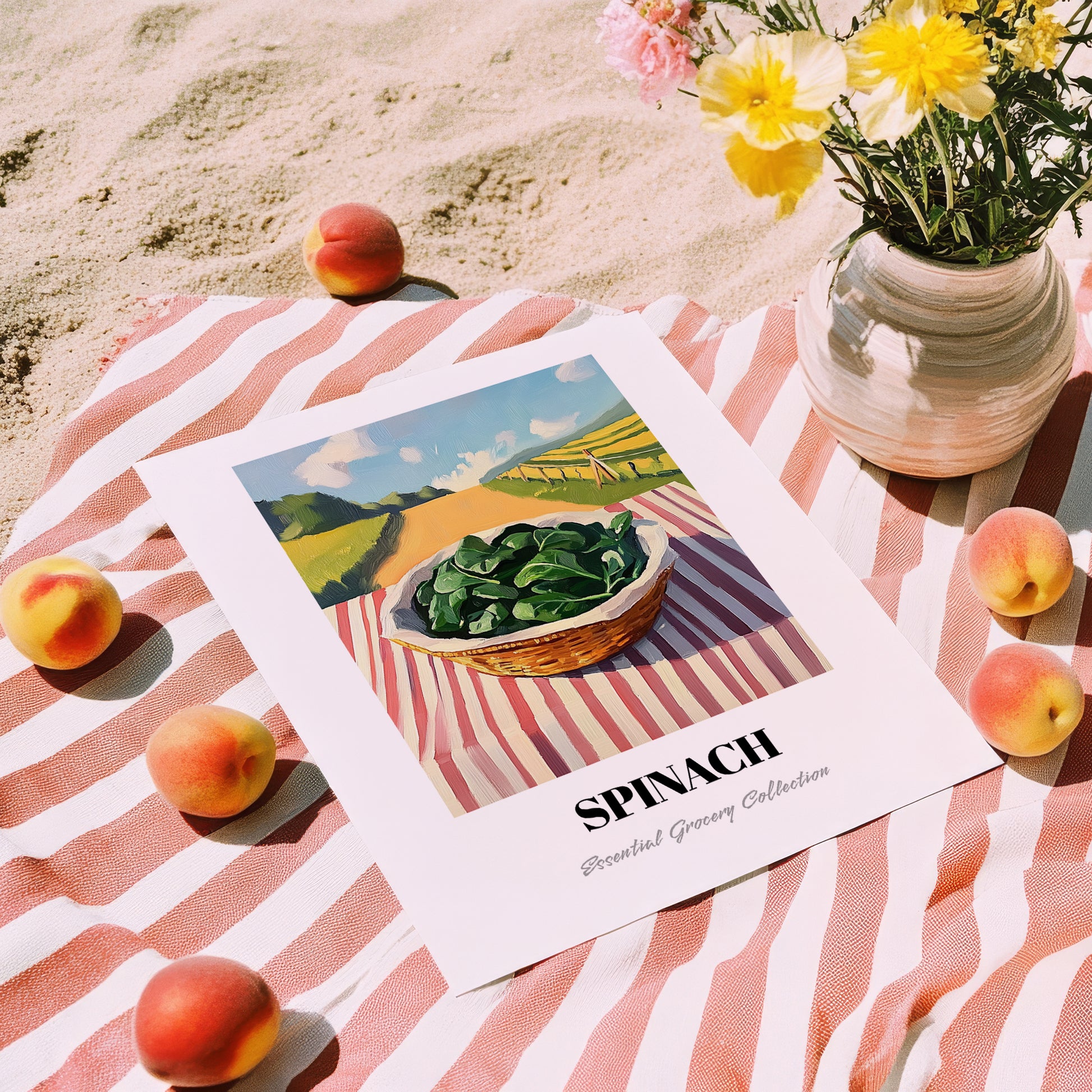 Spinach – Green Valley Landscape, Vegetable Print, unframed on coastal sand