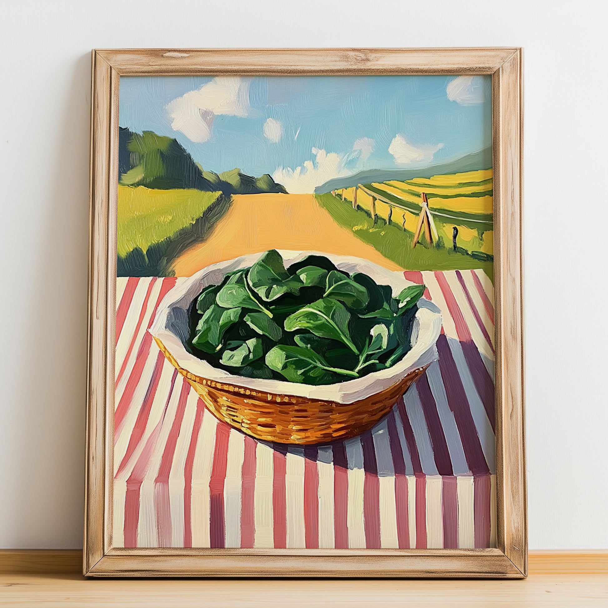 Spinach – Green Valley Landscape, Vegetable Print, no-text version framed in wood