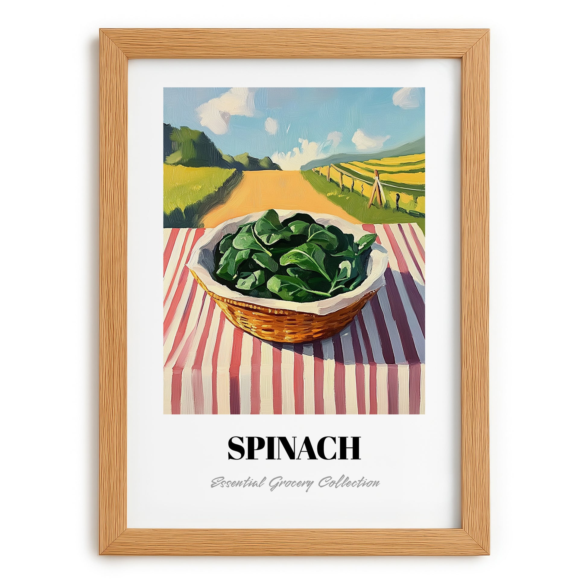 Spinach – Green Valley Landscape, Vegetable Print, set in oak frame