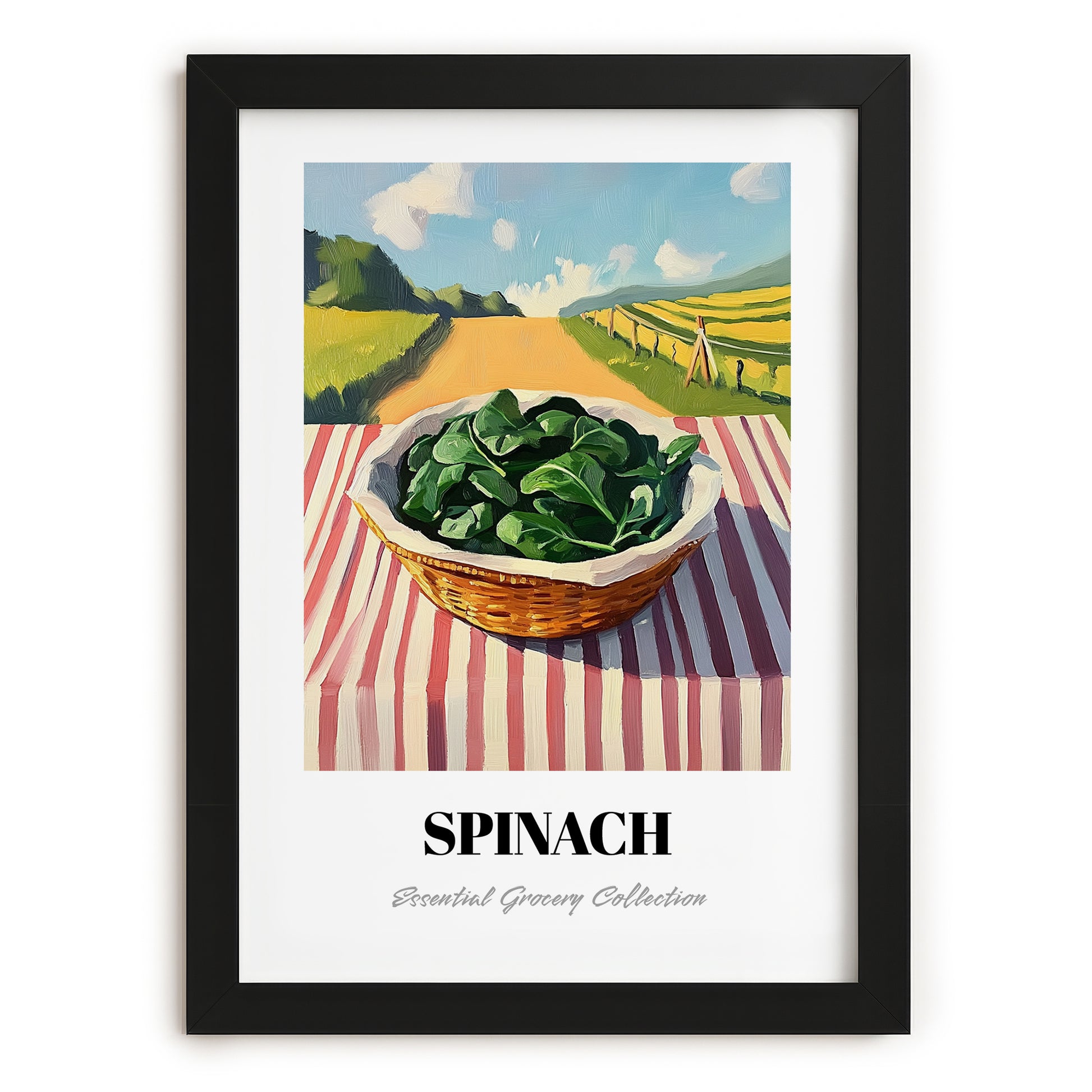 Spinach – Green Valley Landscape, Vegetable Print, in sleek black frame