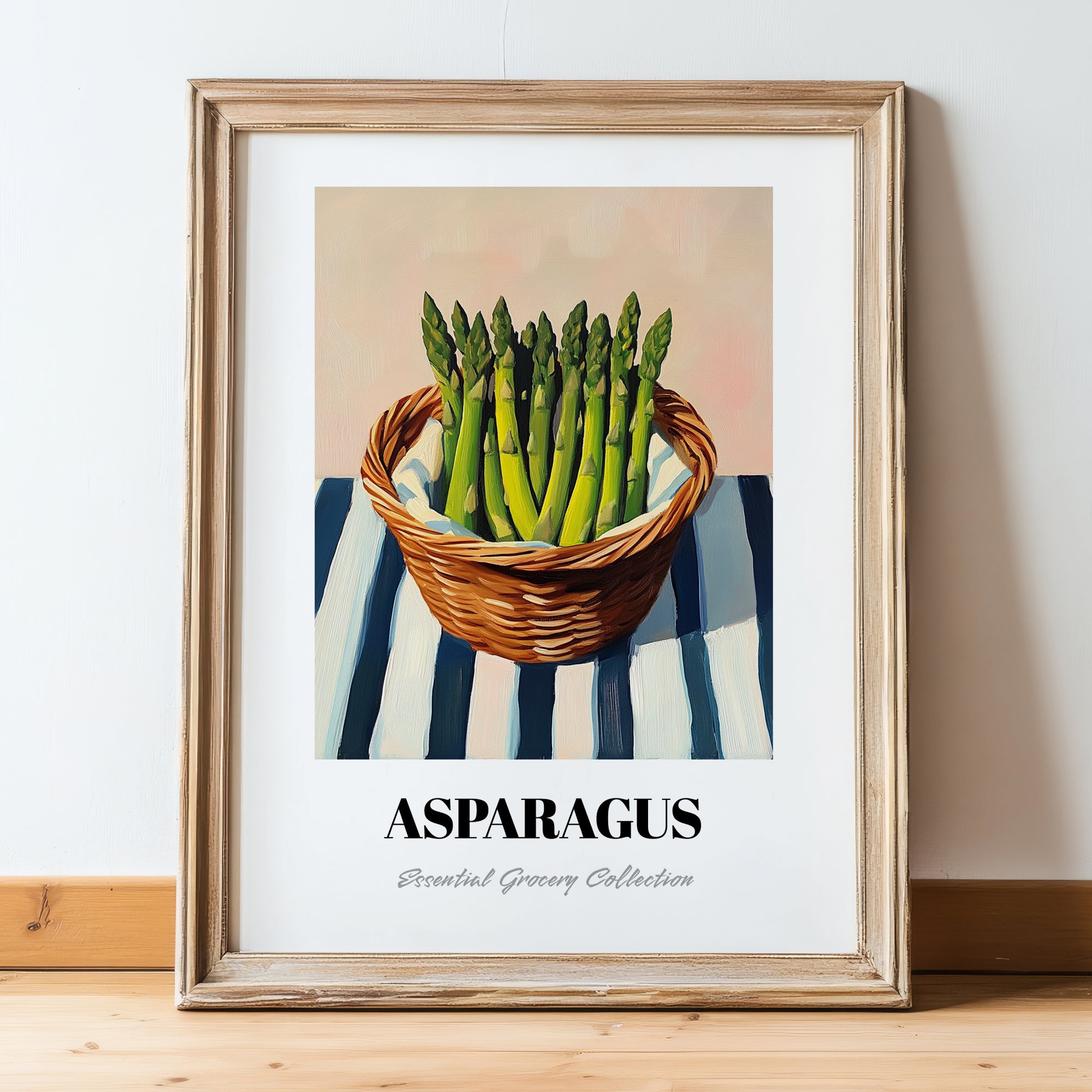 Asparagus – on Striped Tablecloth, Vegetable Painting, in wooden frame leaning on the floor