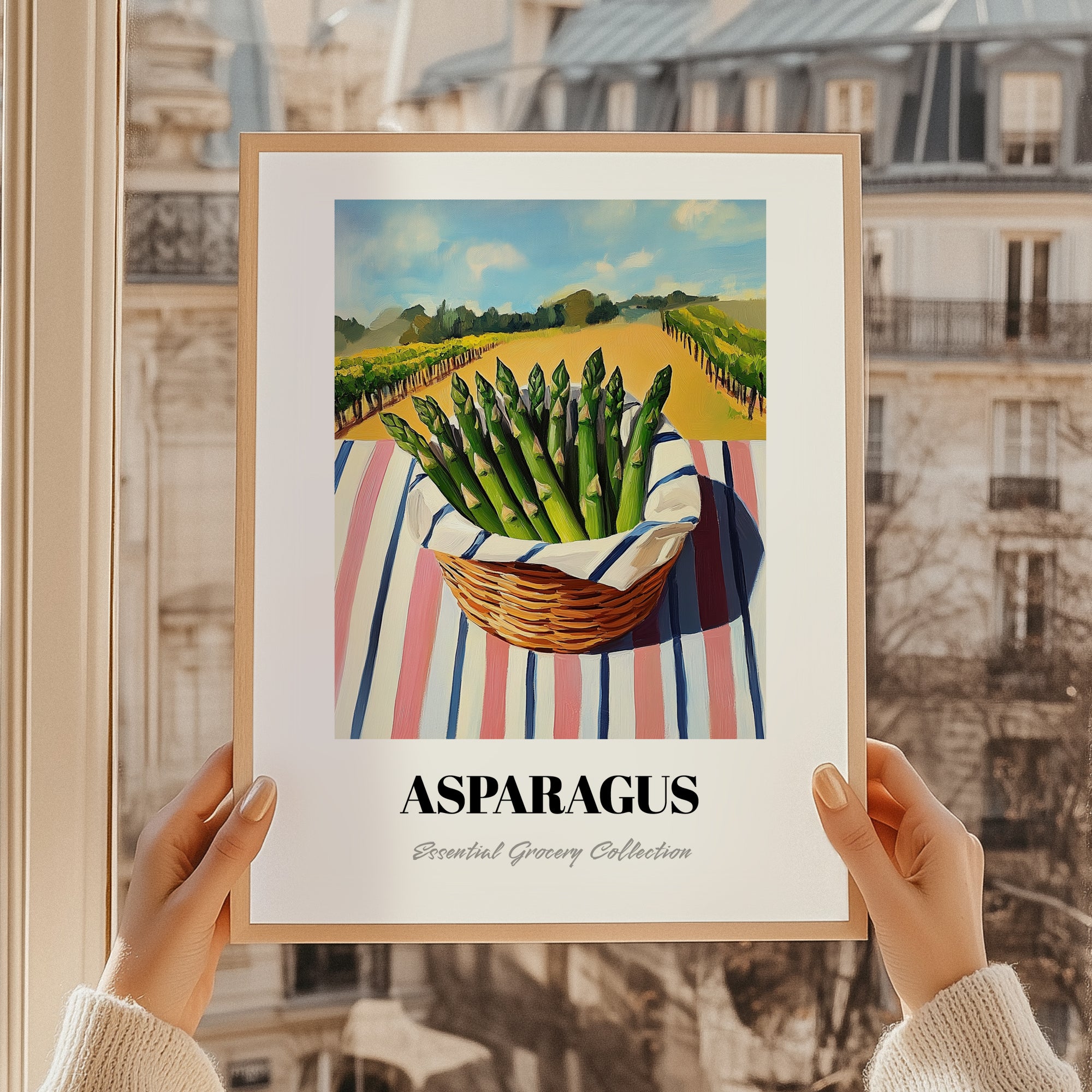 Asparagus – Valley Café Scene, Vegetable Wall Decor, styled in a charming Paris street view