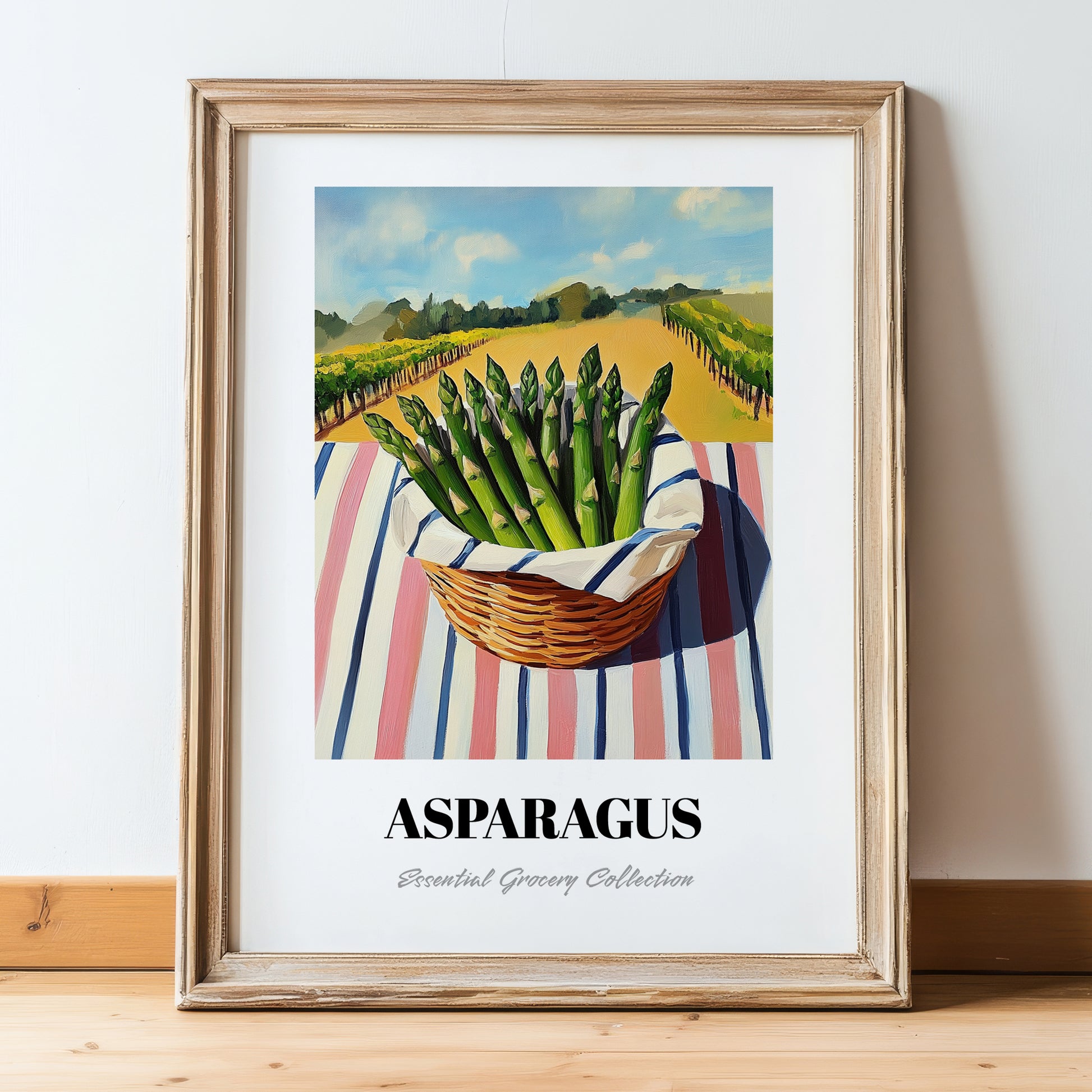 Asparagus – Valley Café Scene, Vegetable Wall Decor, in wooden frame leaning on the floor