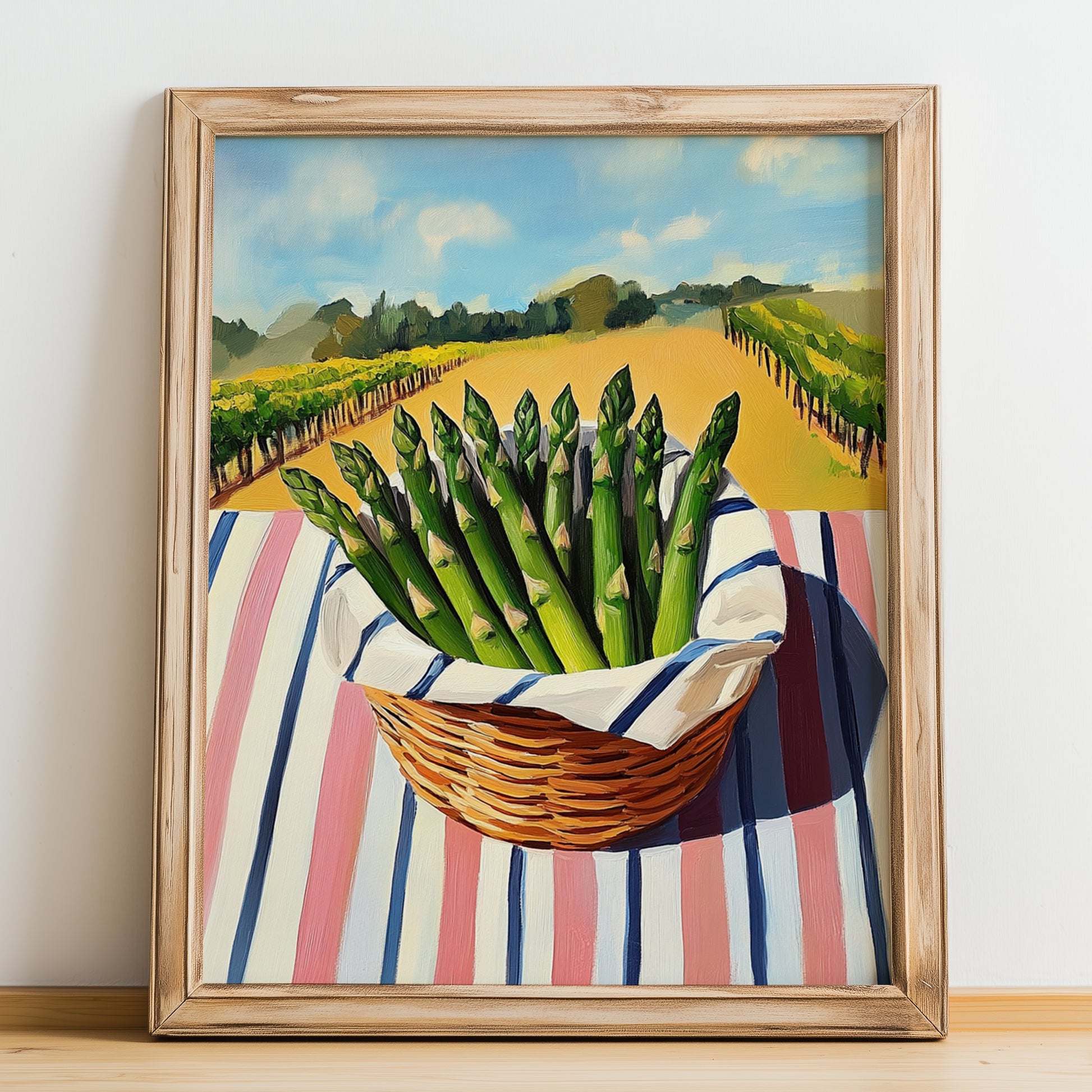 Asparagus – Valley Café Scene, Vegetable Wall Decor, no-text version framed in wood