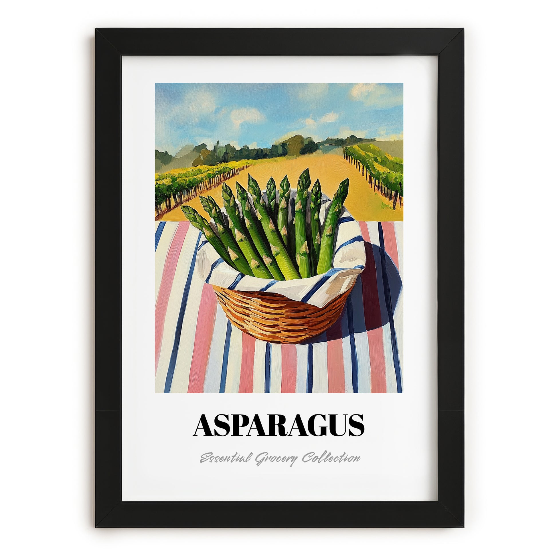 Asparagus – Valley Café Scene, Vegetable Wall Decor, in sleek black frame