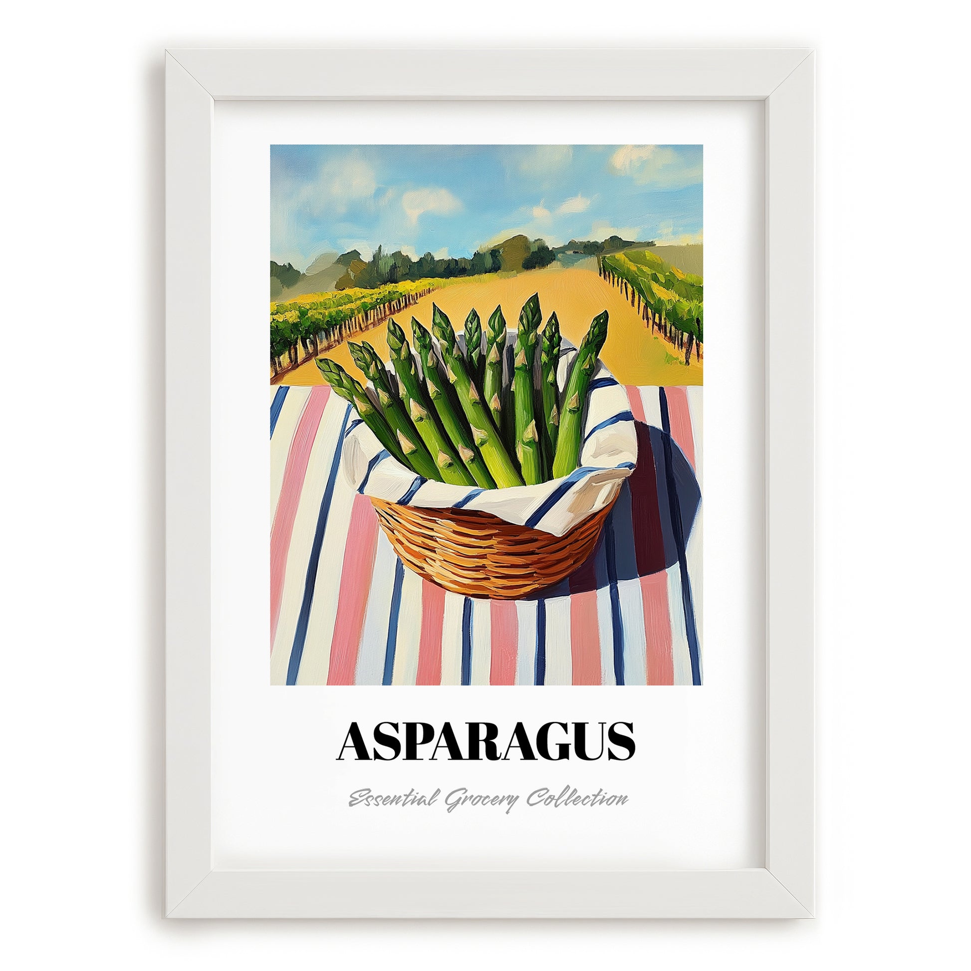 Asparagus – Valley Café Scene, Vegetable Wall Decor, placed in minimal white frame
