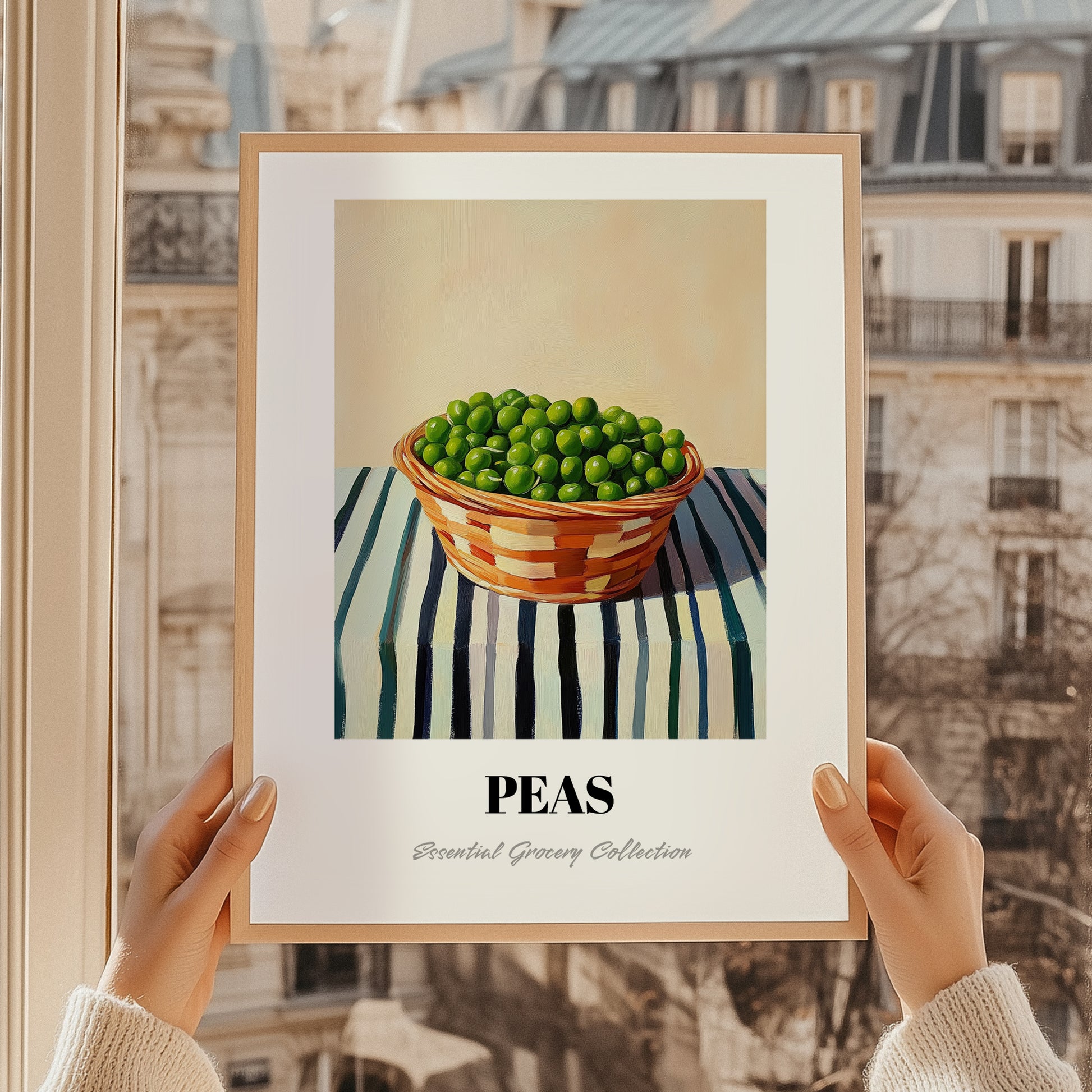 Peas – on Striped Tablecloth, Vegetable Wall Print, styled in a charming Paris street view