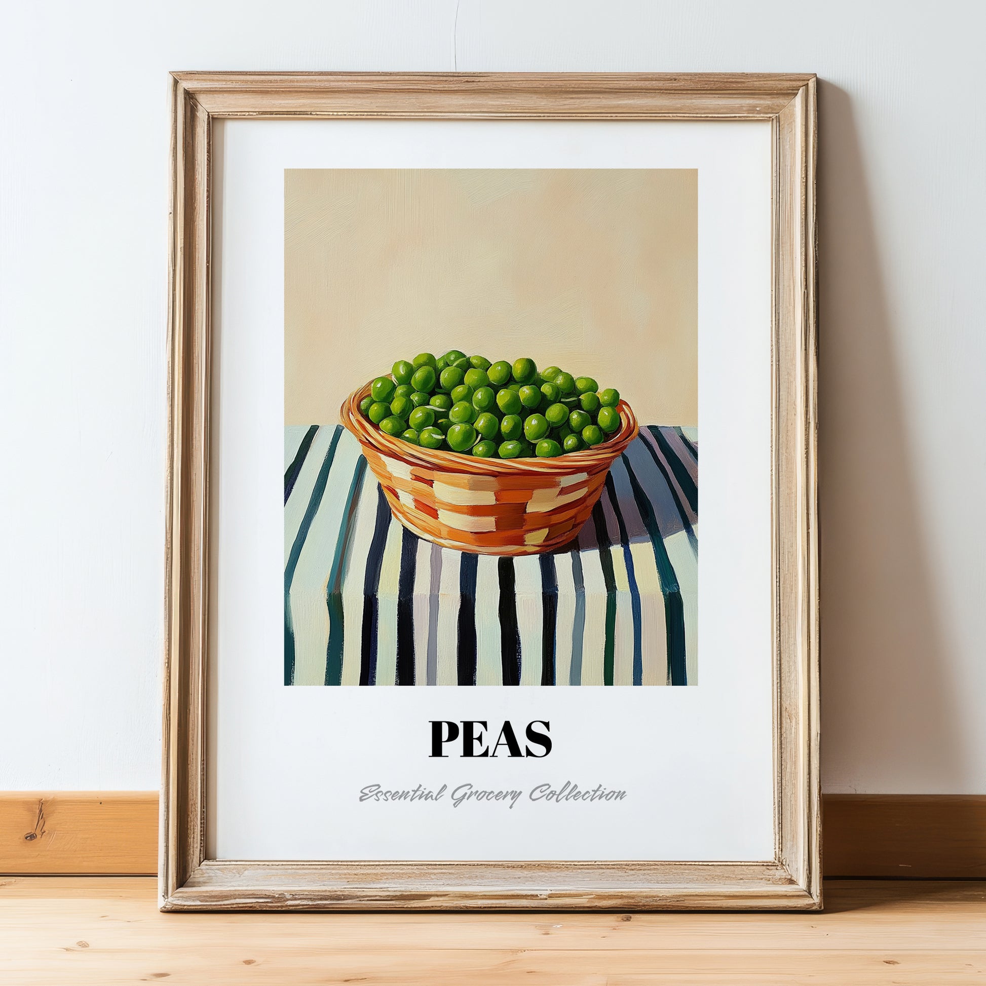 Peas – on Striped Tablecloth, Vegetable Wall Print, in wooden frame leaning on the floor