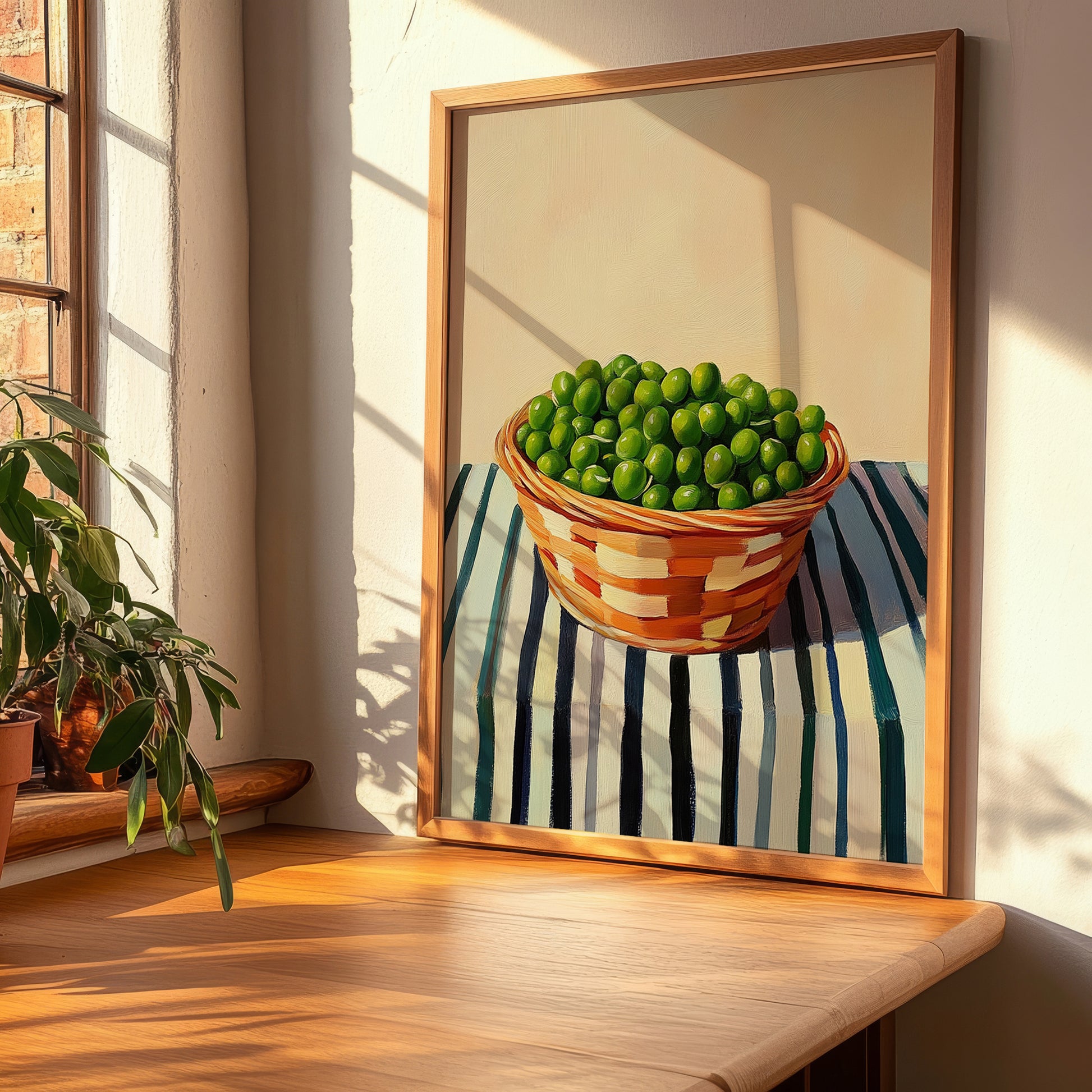 Peas – on Striped Tablecloth, Vegetable Wall Print, clean layout with no caption