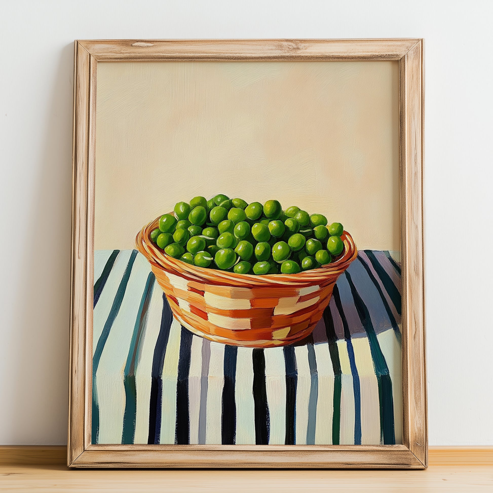 Peas – on Striped Tablecloth, Vegetable Wall Print, no-text version framed in wood
