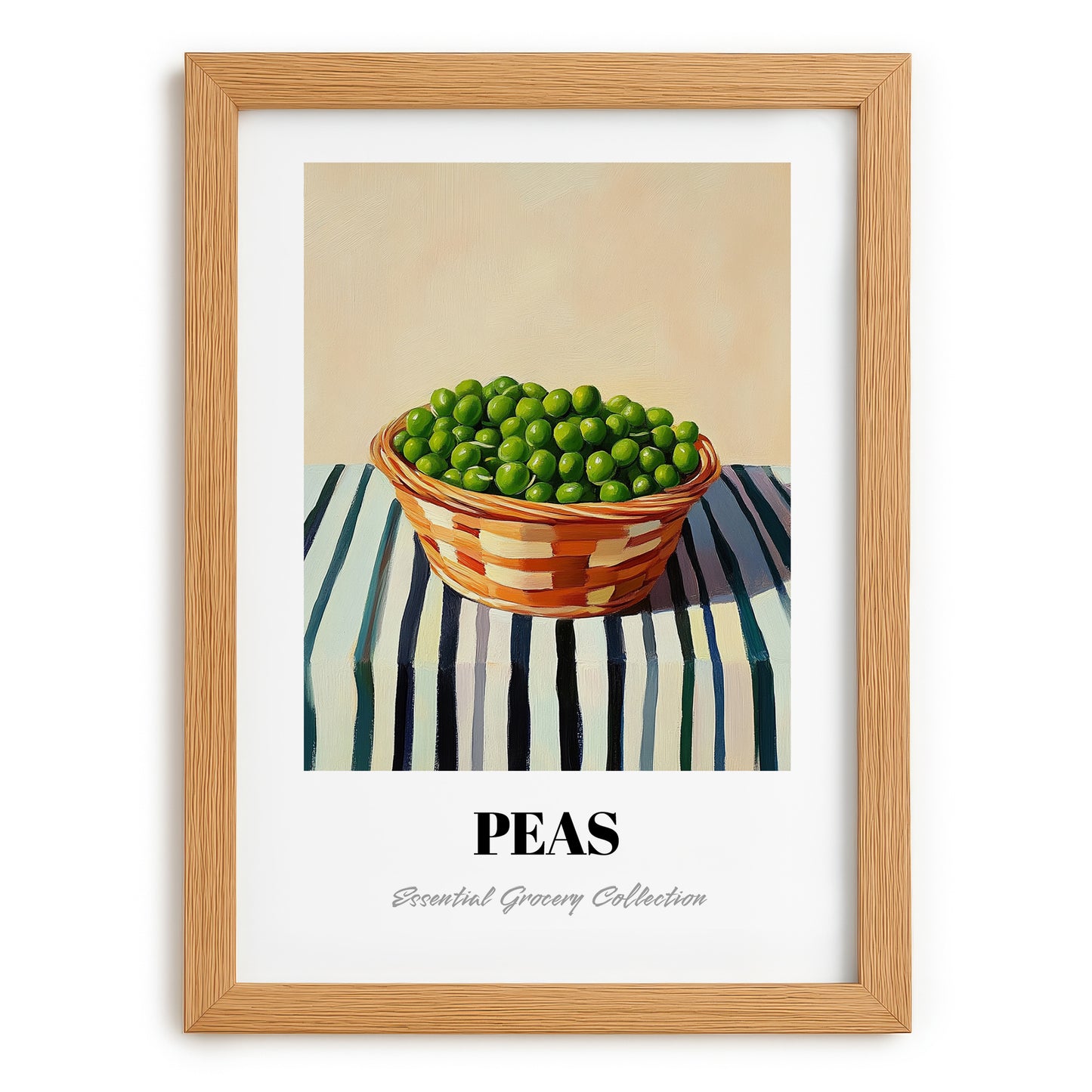Peas – on Striped Tablecloth, Vegetable Wall Print, set in oak frame