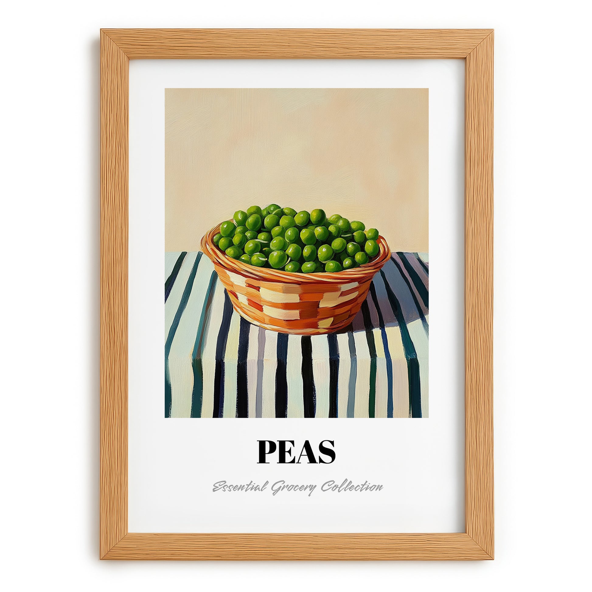 Peas – on Striped Tablecloth, Vegetable Wall Print, set in oak frame