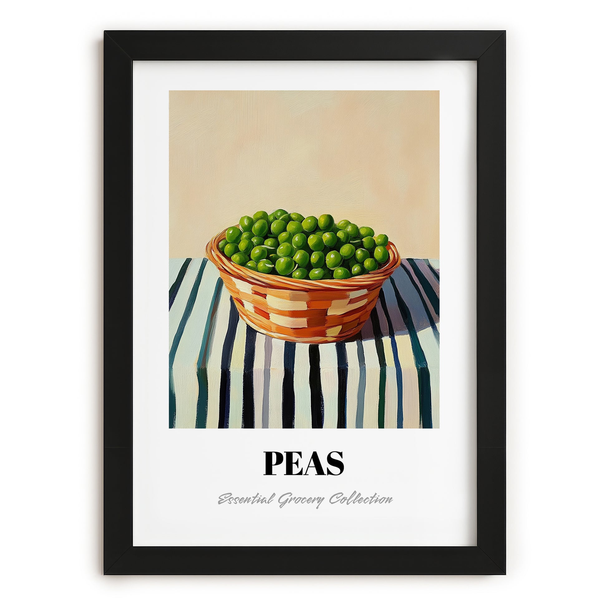 Peas – on Striped Tablecloth, Vegetable Wall Print, in sleek black frame