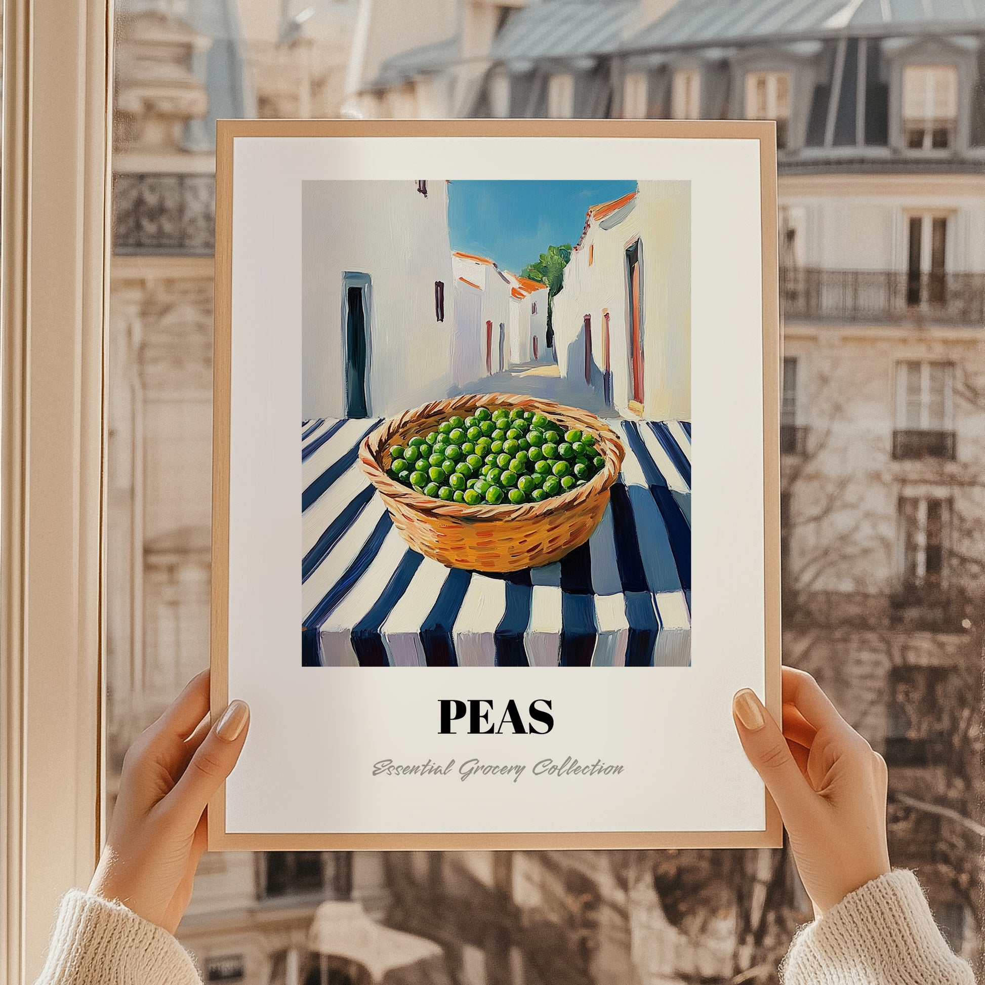 Peas – White village Outdoor Café Scene, Vegetable Print, styled in a charming Paris street view