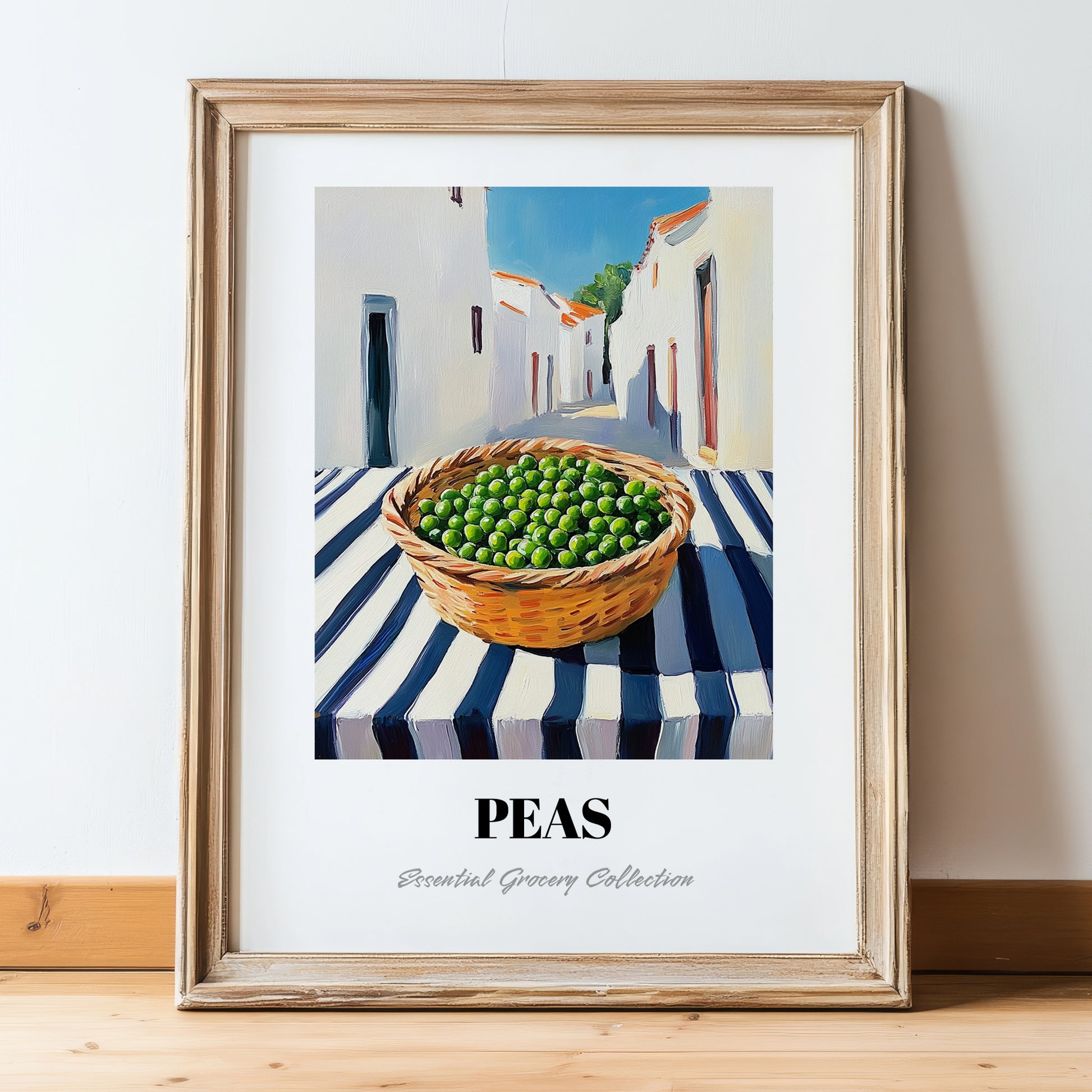 Peas – White village Outdoor Café Scene, Vegetable Print, in wooden frame leaning on the floor