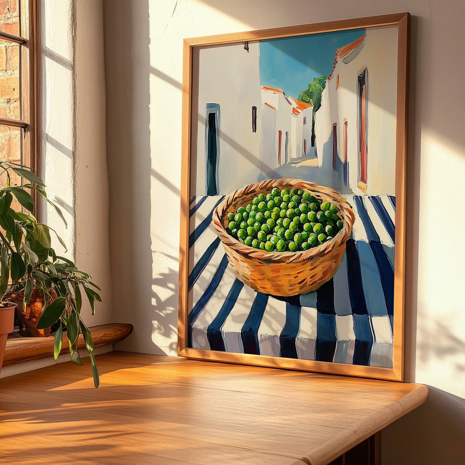 Peas – White village Outdoor Café Scene, Vegetable Print, clean layout with no caption