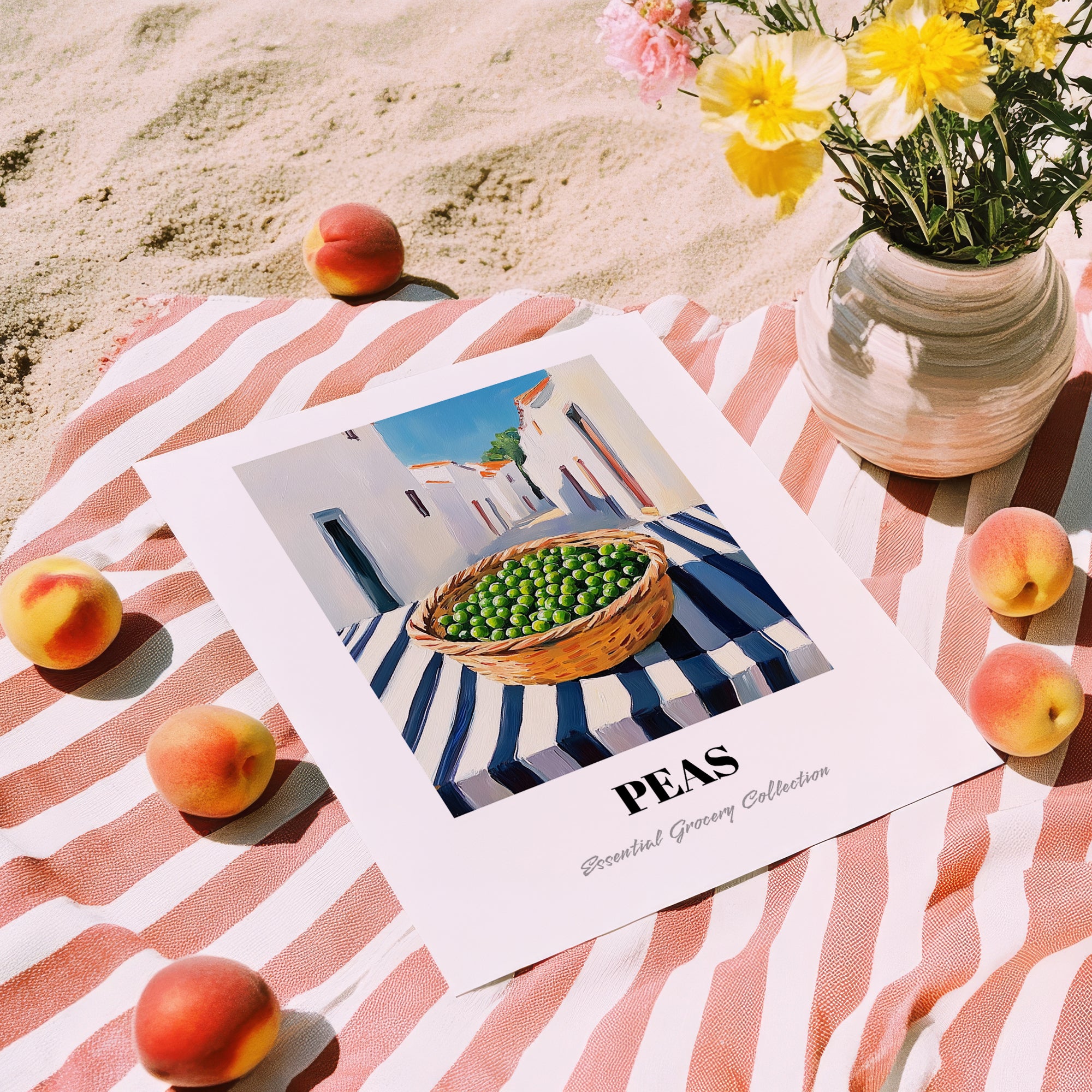 Peas – White village Outdoor Café Scene, Vegetable Print, unframed on coastal sand