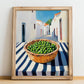 Peas – White village Outdoor Café Scene, Vegetable Print, no-text version framed in wood