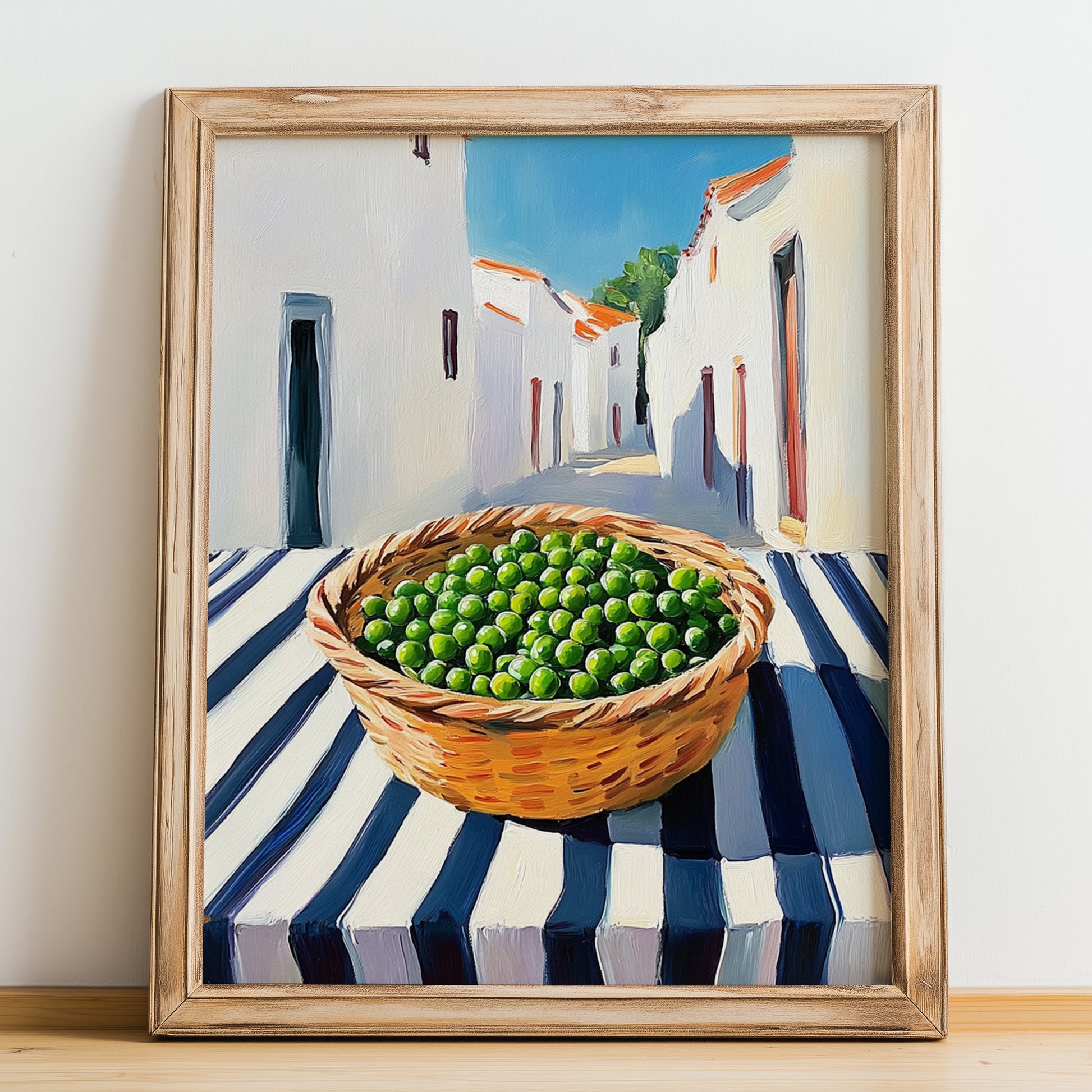 Peas – White village Outdoor Café Scene, Vegetable Print, no-text version framed in wood