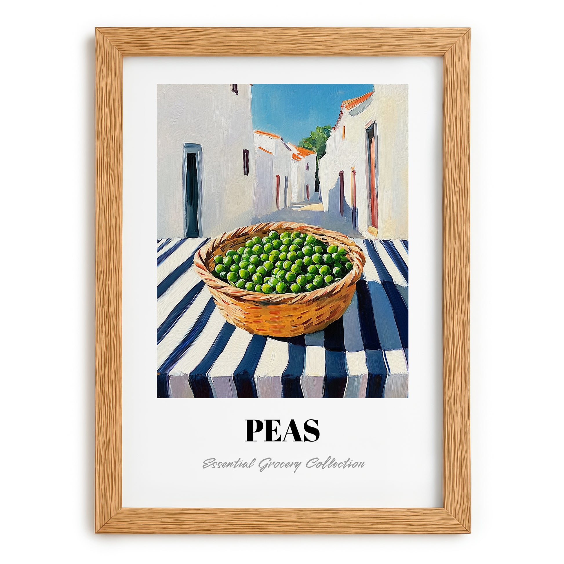 Peas – White village Outdoor Café Scene, Vegetable Print, set in oak frame