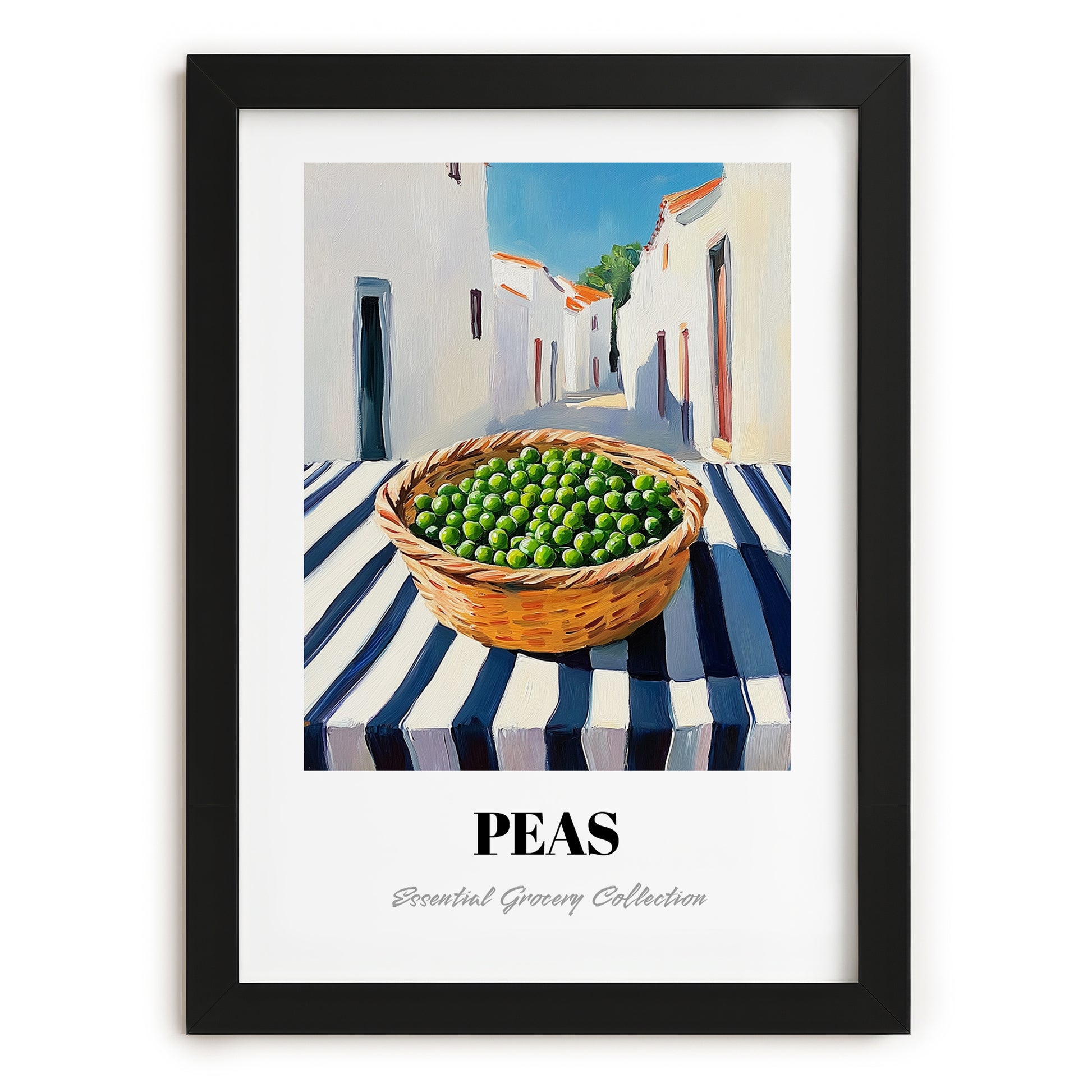 Peas – White village Outdoor Café Scene, Vegetable Print, in sleek black frame