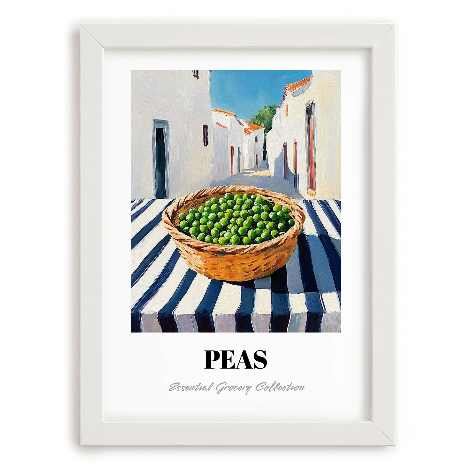 Peas – White village Outdoor Café Scene, Vegetable Print, placed in minimal white frame