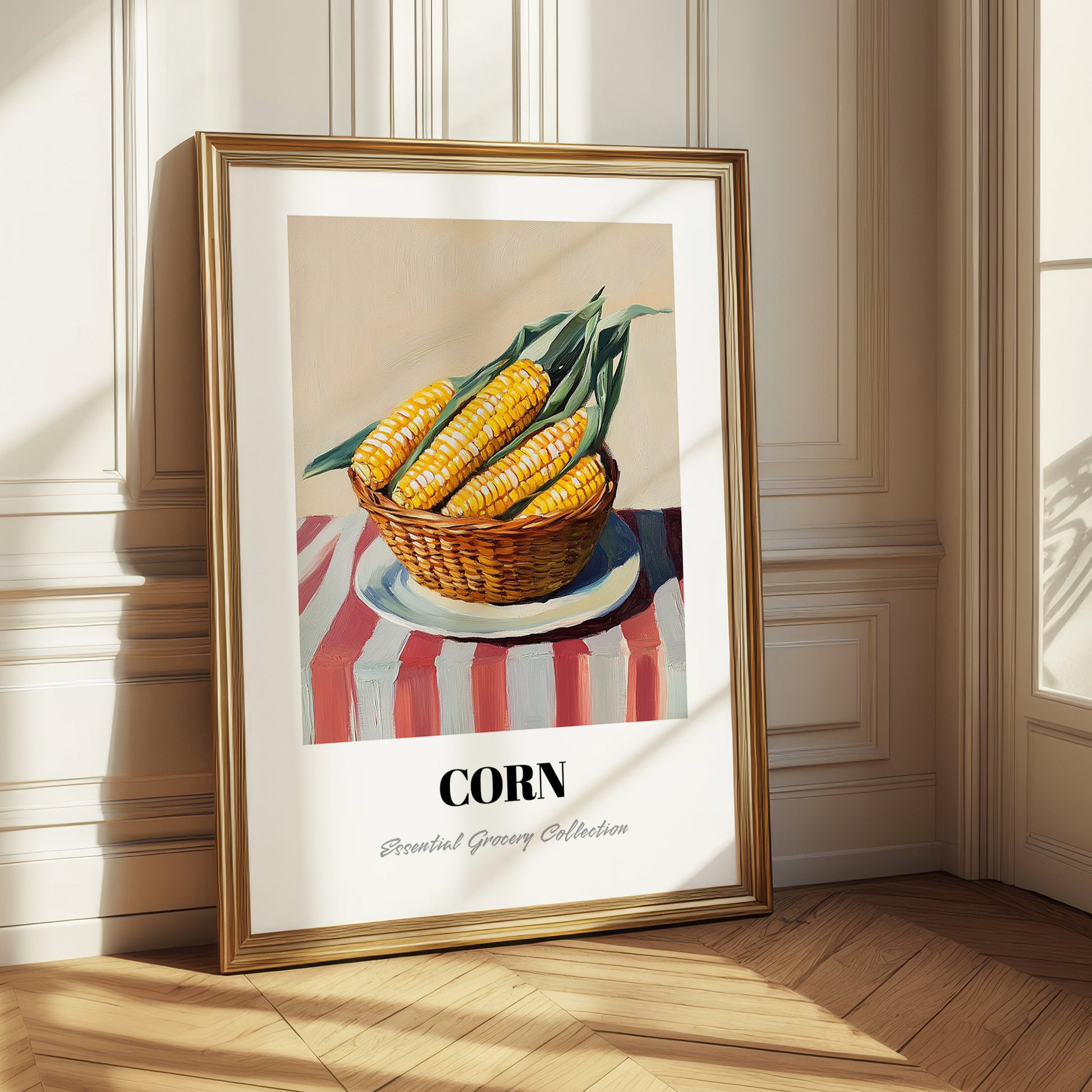 Corn – on Striped Tablecloth, Vegetable Wall Painting