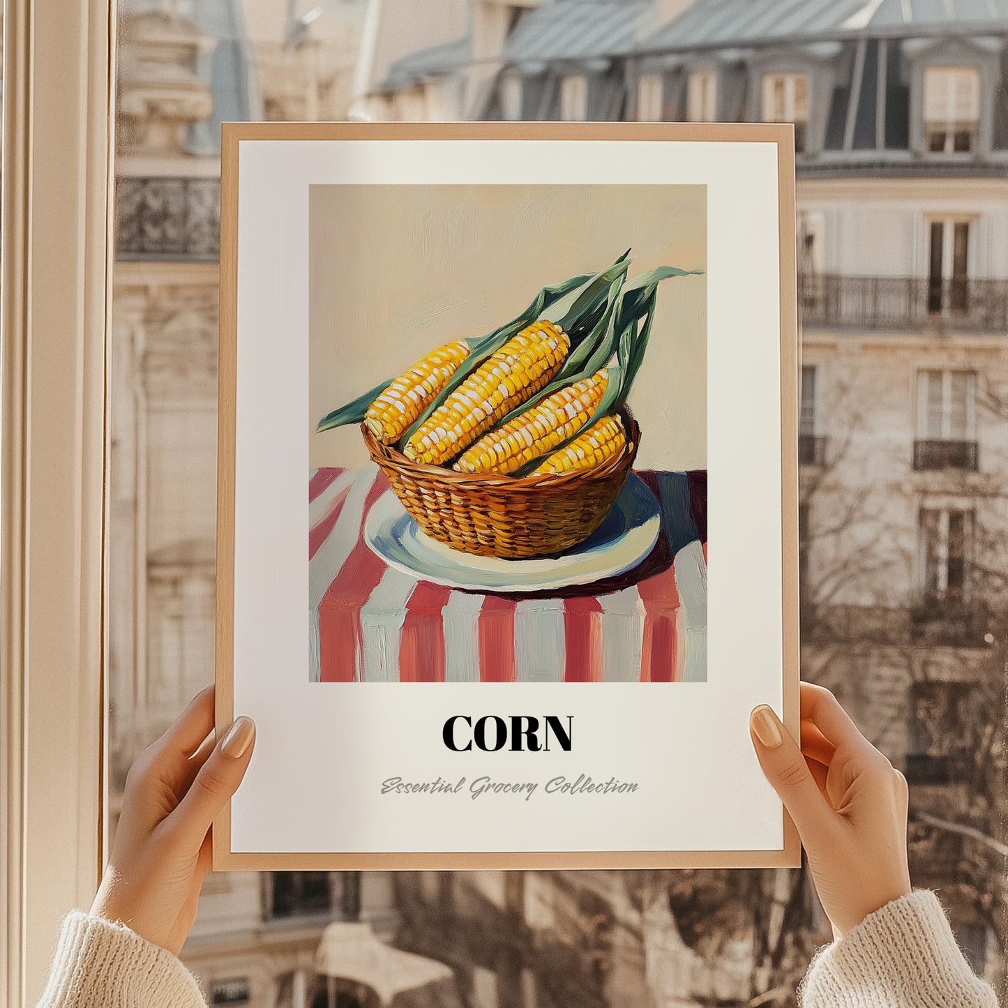 Corn – on Striped Tablecloth, Vegetable Wall Painting, styled in a charming Paris street view