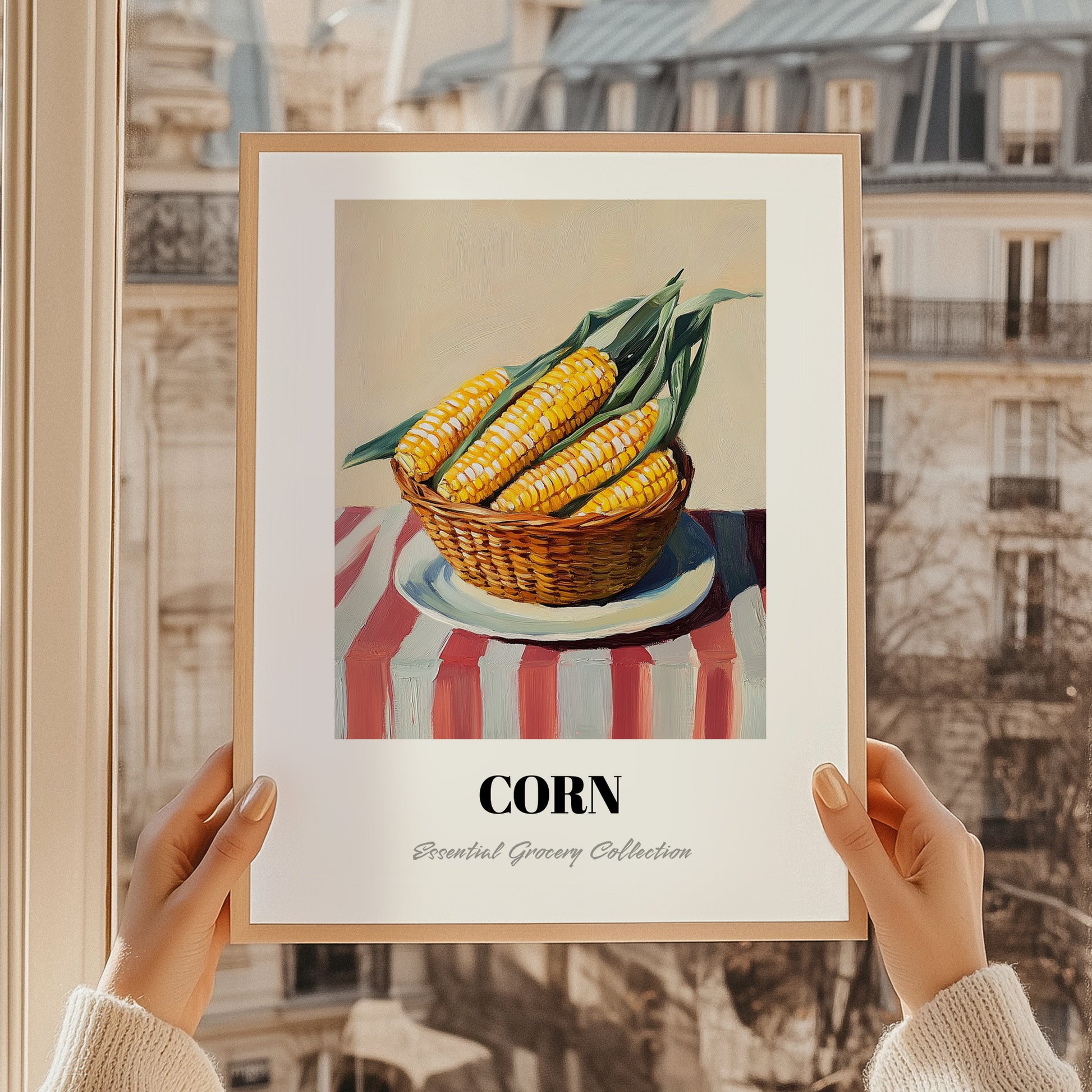 Corn – on Striped Tablecloth, Vegetable Wall Painting, styled in a charming Paris street view
