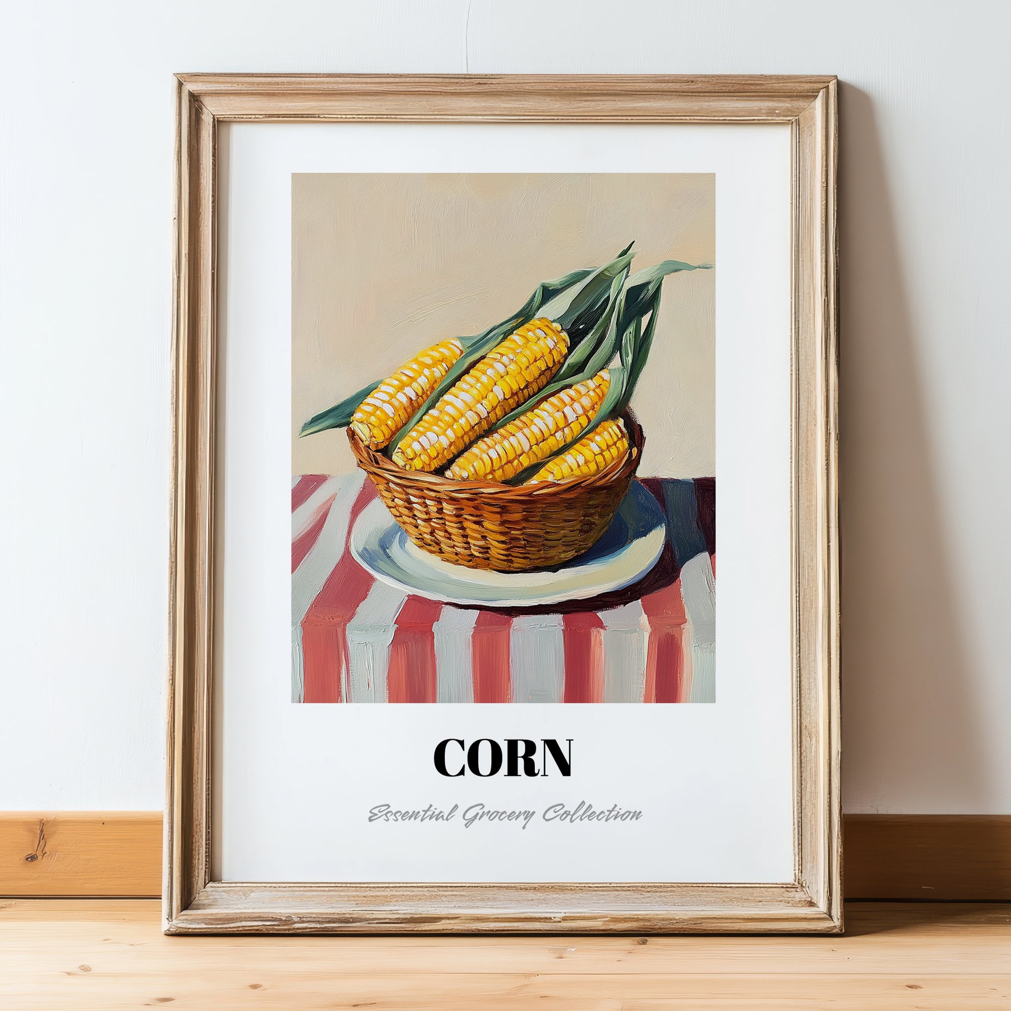 Corn – on Striped Tablecloth, Vegetable Wall Painting, in wooden frame leaning on the floor