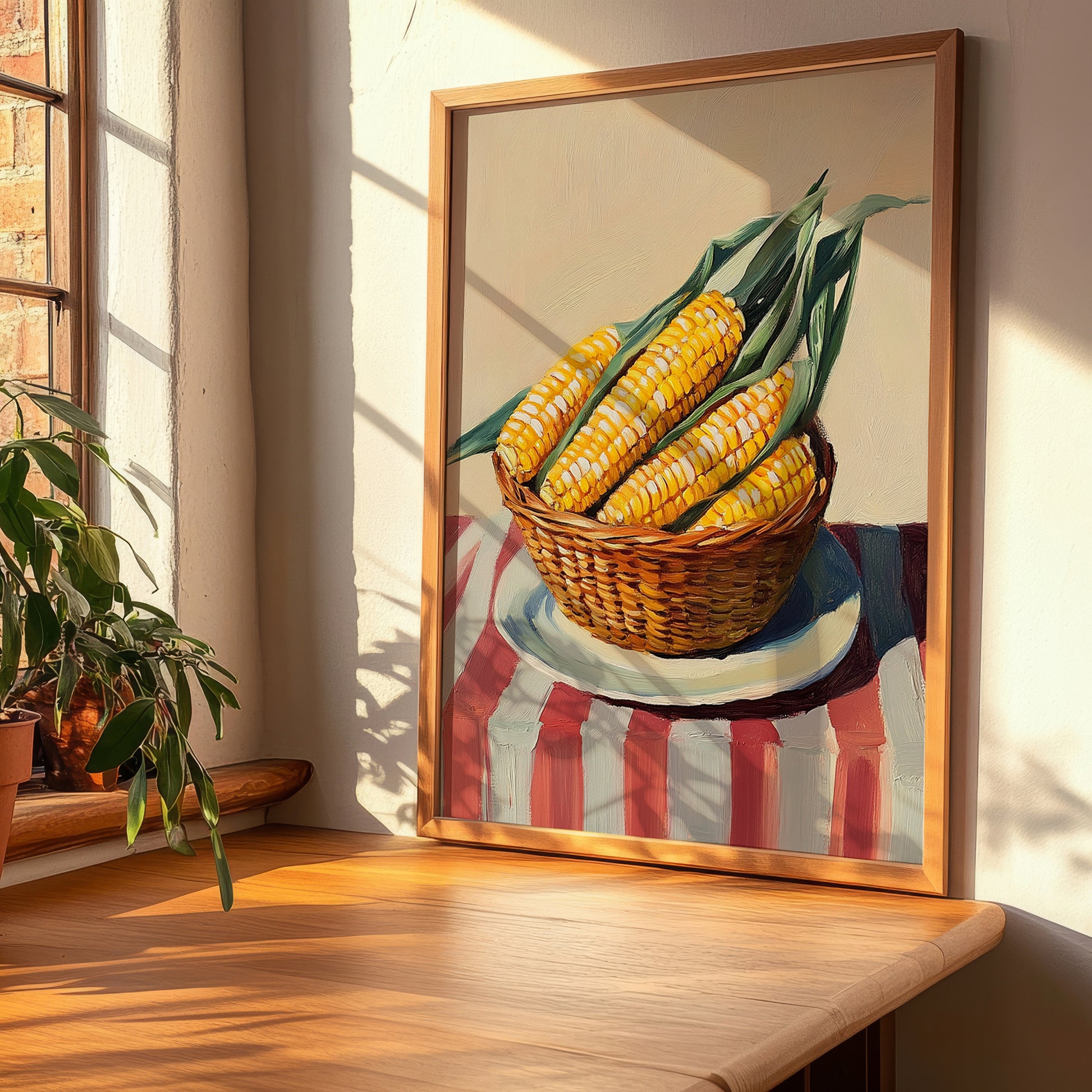 Corn – on Striped Tablecloth, Vegetable Wall Painting, clean layout with no caption