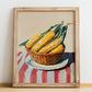 Corn – on Striped Tablecloth, Vegetable Wall Painting, no-text version framed in wood