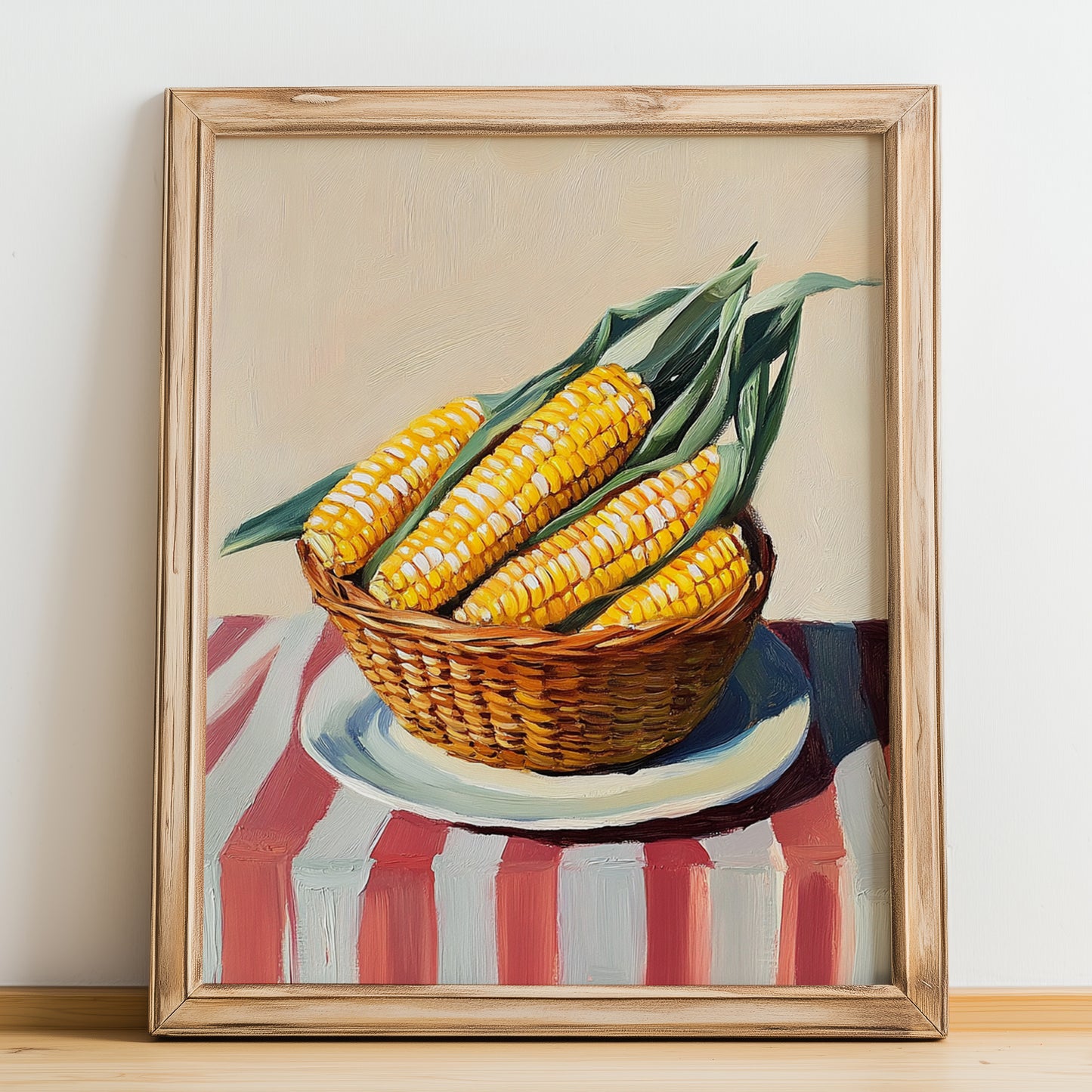 Corn – on Striped Tablecloth, Vegetable Wall Painting, no-text version framed in wood