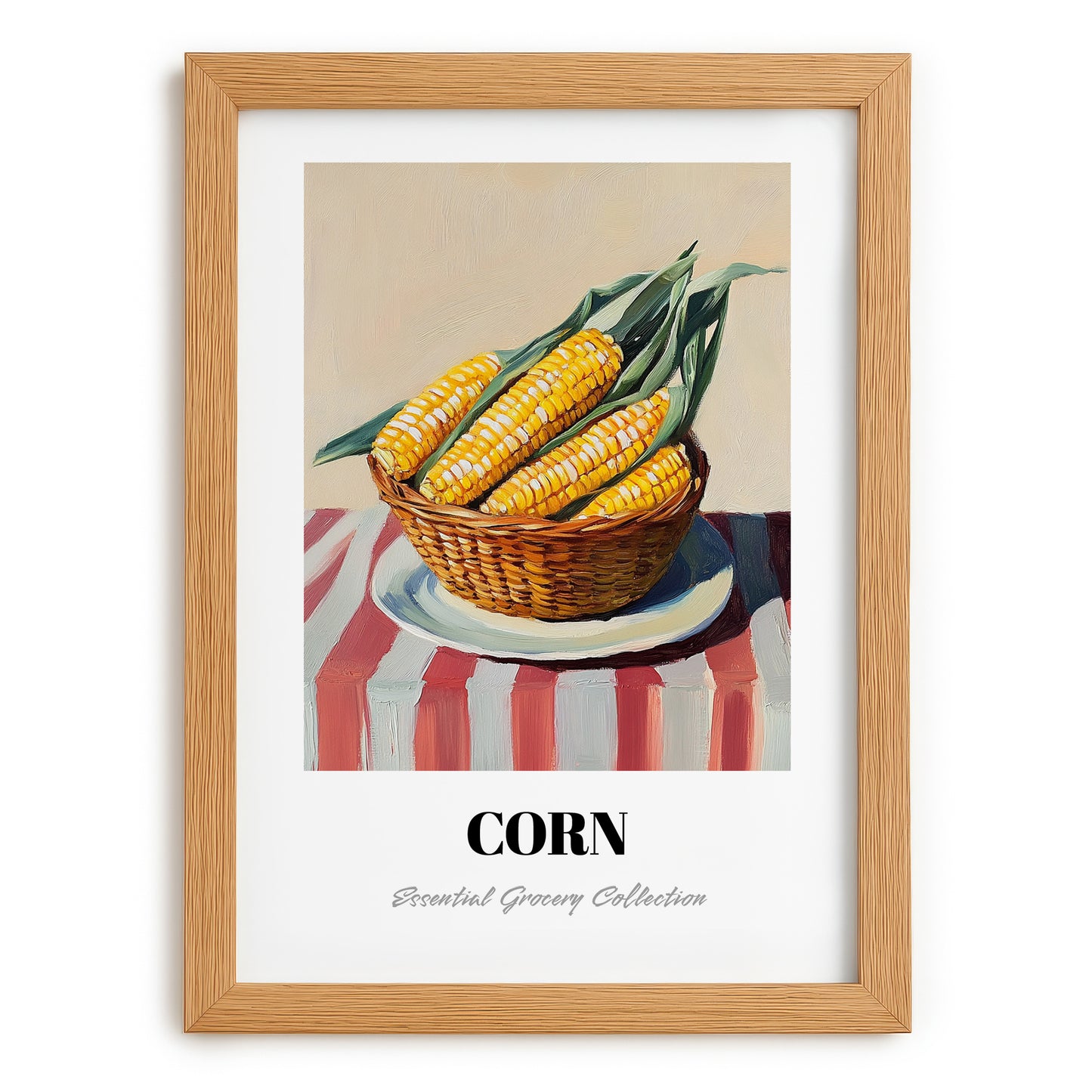 Corn – on Striped Tablecloth, Vegetable Wall Painting, set in oak frame