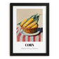 Corn – on Striped Tablecloth, Vegetable Wall Painting, in sleek black frame