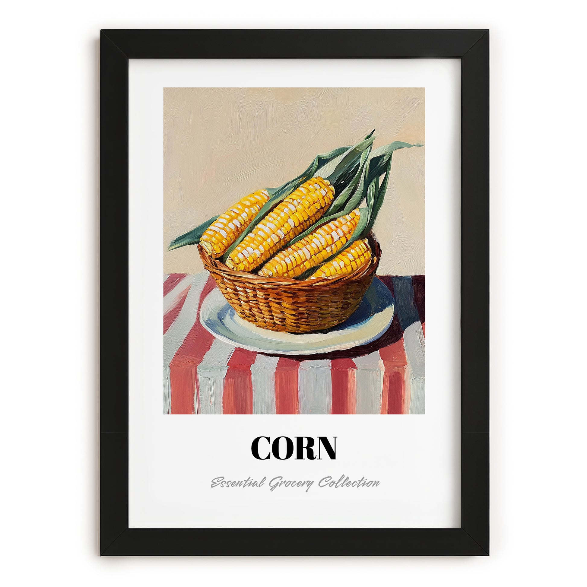 Corn – on Striped Tablecloth, Vegetable Wall Painting, in sleek black frame