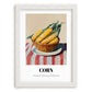 Corn – on Striped Tablecloth, Vegetable Wall Painting, placed in minimal white frame
