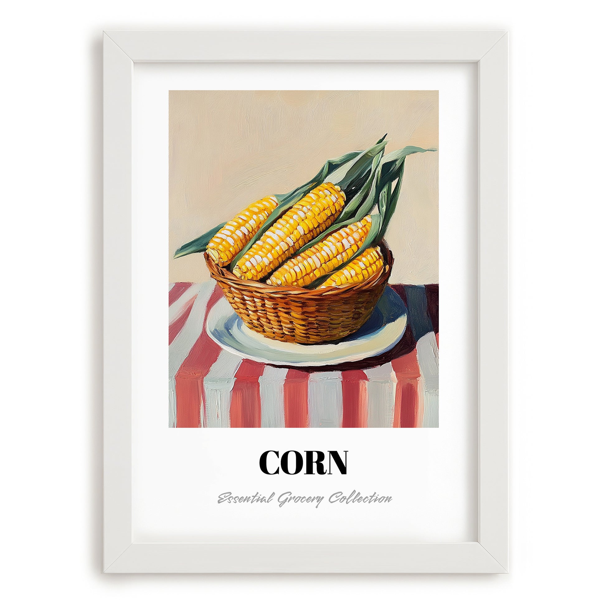 Corn – on Striped Tablecloth, Vegetable Wall Painting, placed in minimal white frame