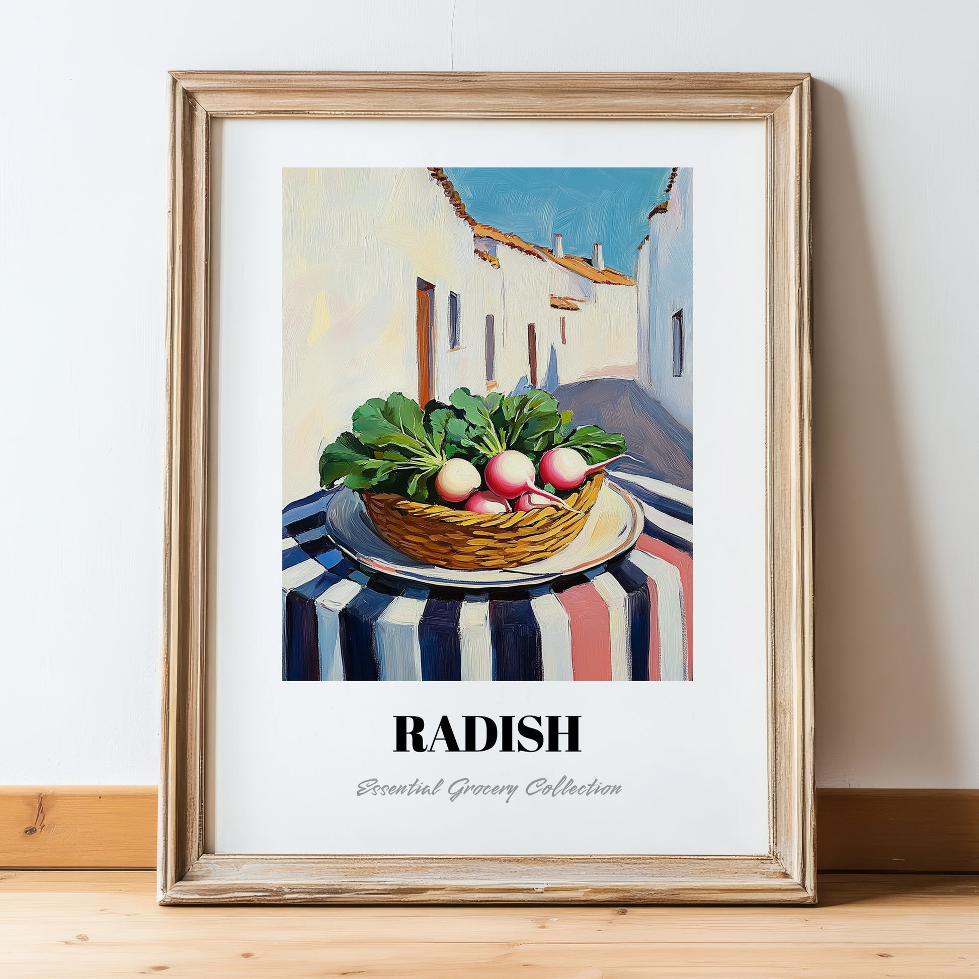 Radish – White village Café on the Corner, Vegetable Poster, in wooden frame leaning on the floor