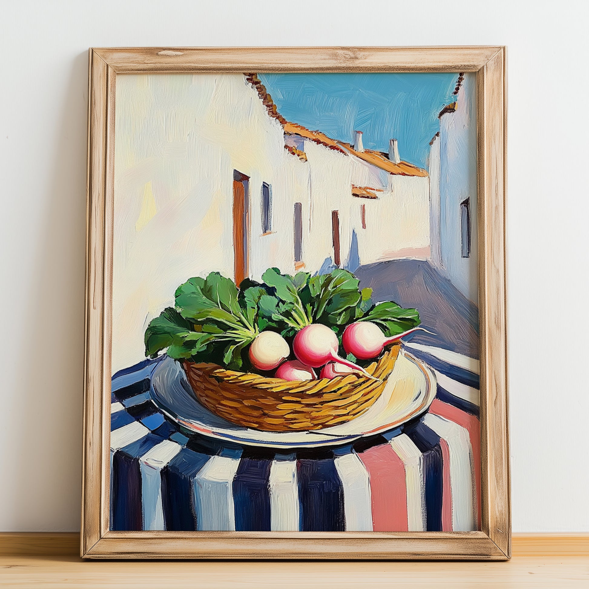 Radish – White village Café on the Corner, Vegetable Poster, no-text version framed in wood
