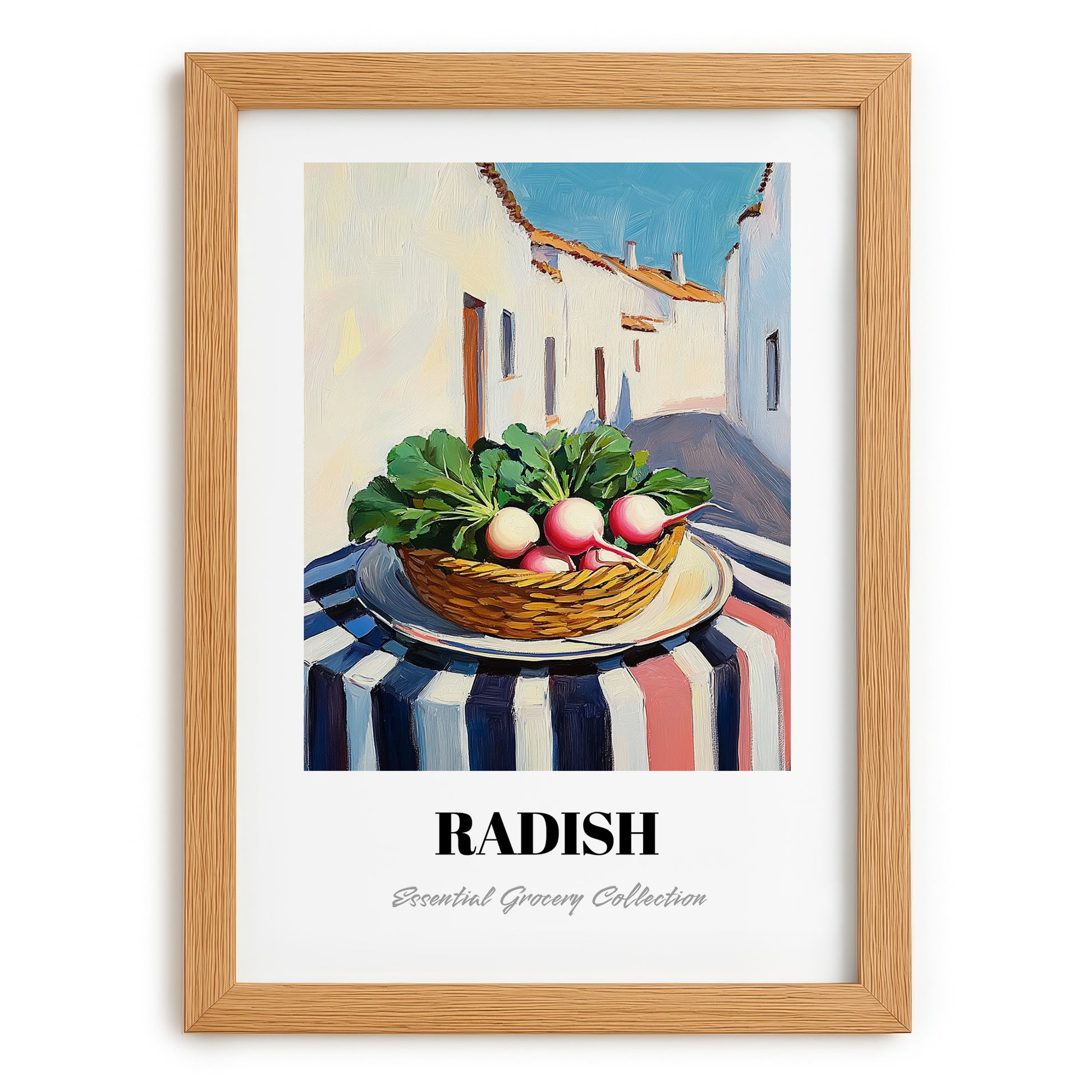 Radish – White village Café on the Corner, Vegetable Poster, set in oak frame