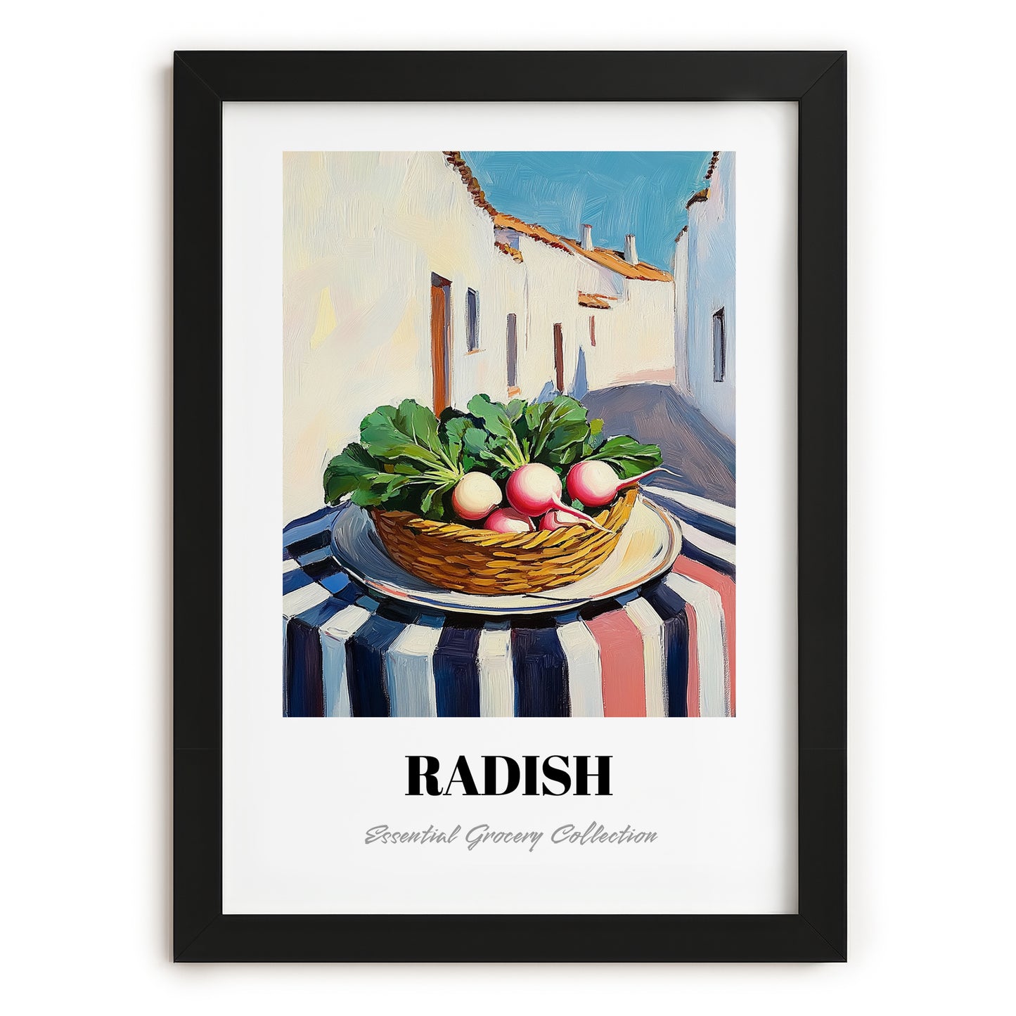 Radish – White village Café on the Corner, Vegetable Poster, in sleek black frame