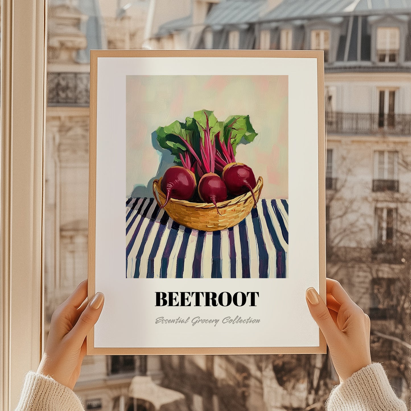 Beetroot – on Striped Tablecloth, Vegetable Poster, styled in a charming Paris street view