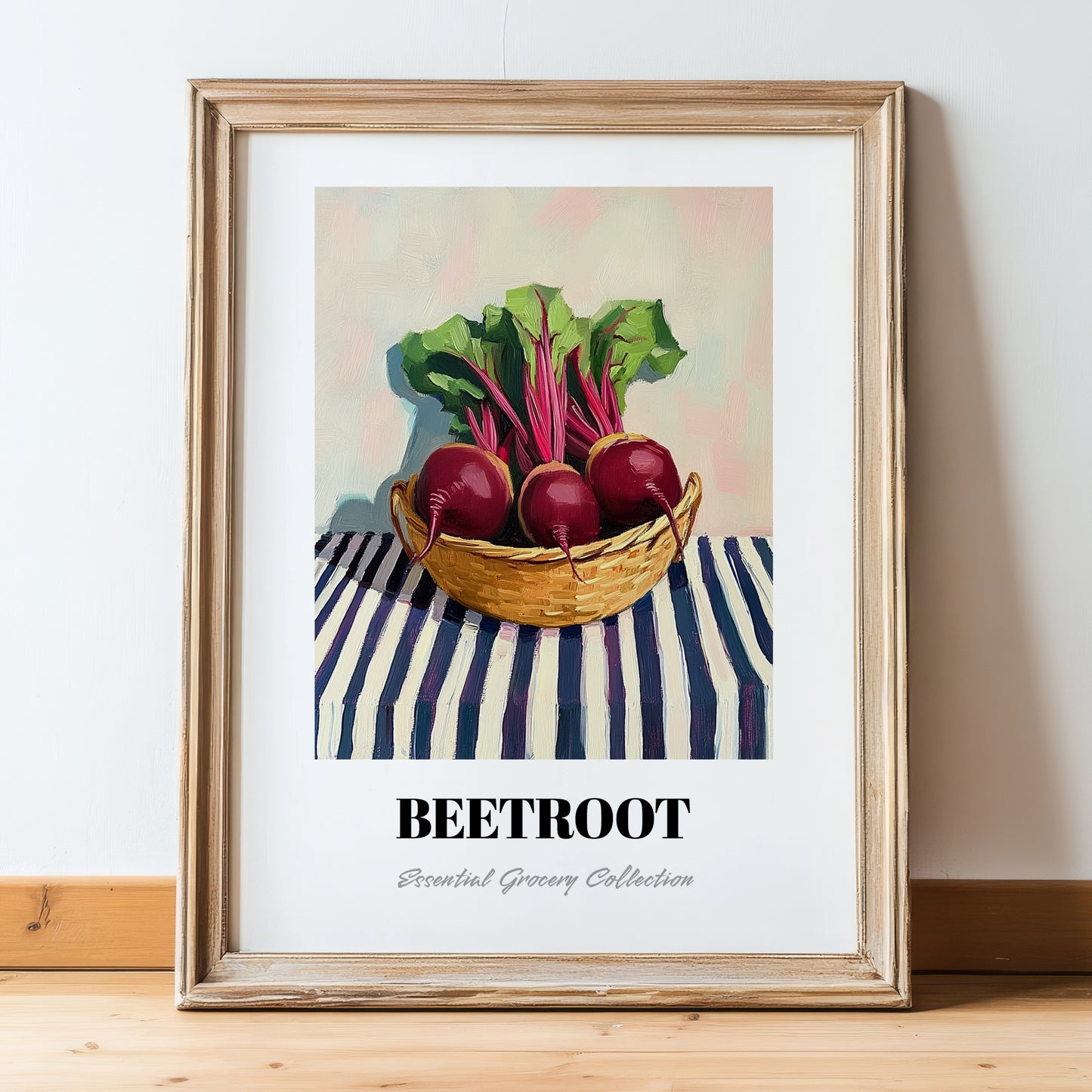 Beetroot – on Striped Tablecloth, Vegetable Poster, in wooden frame leaning on the floor